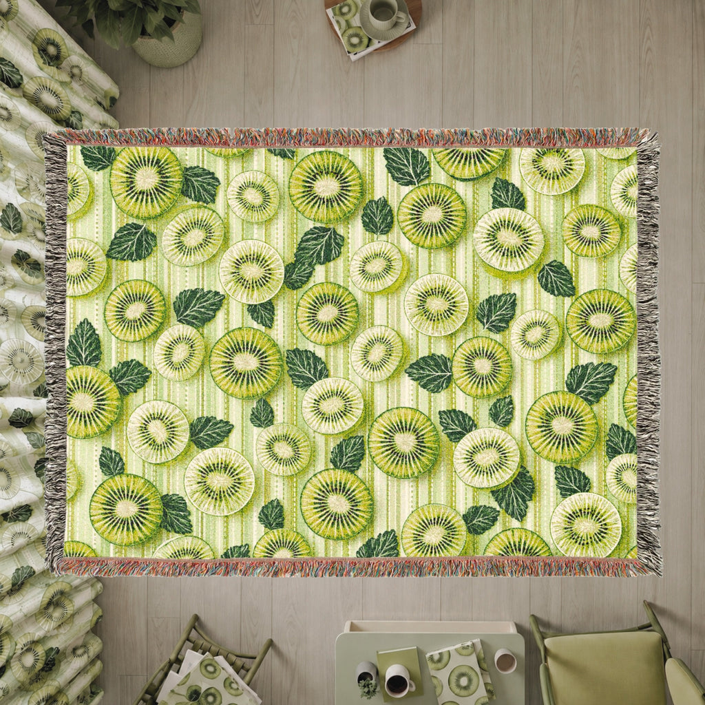 Kiwi Fruit Woven Blanket – Green Botanical Cotton Throw