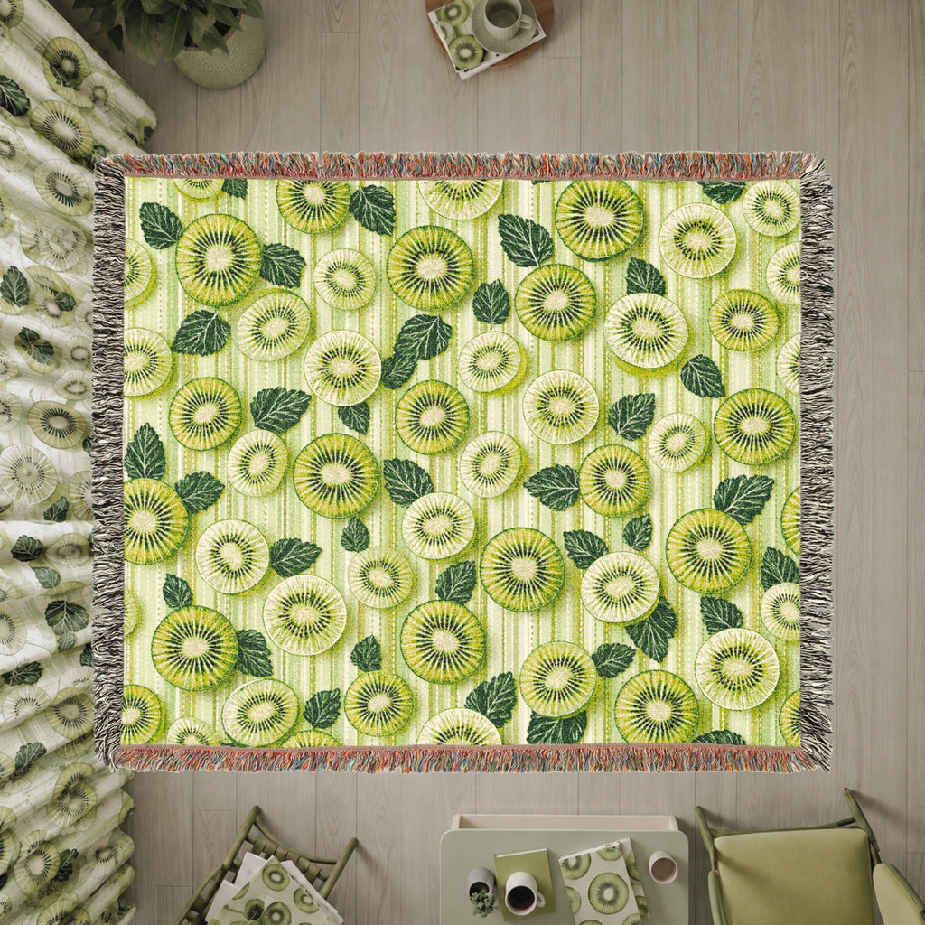 Kiwi Fruit Woven Blanket – Green Botanical Cotton Throw