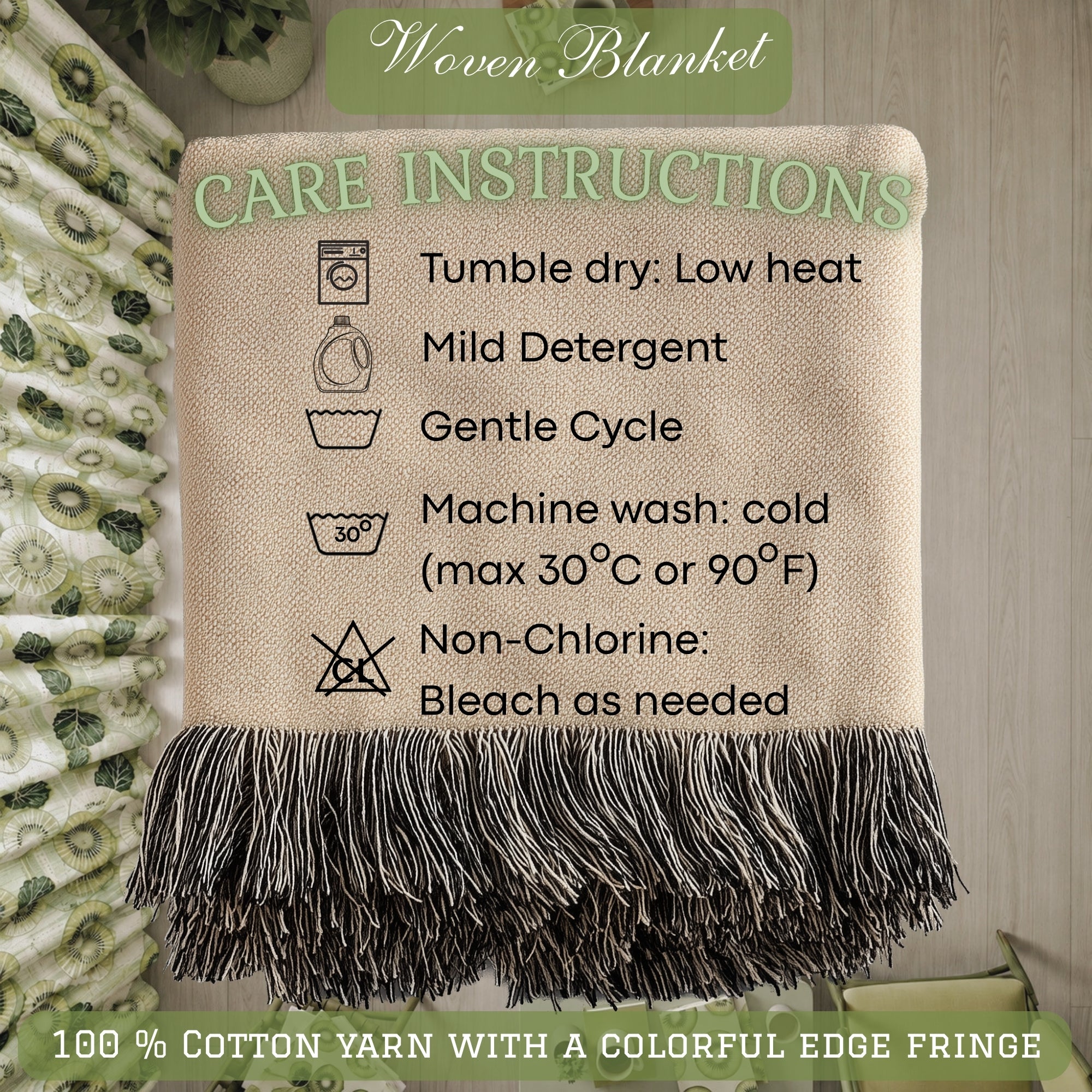 Kiwi Fruit Woven Blanket – Green Botanical Cotton Throw