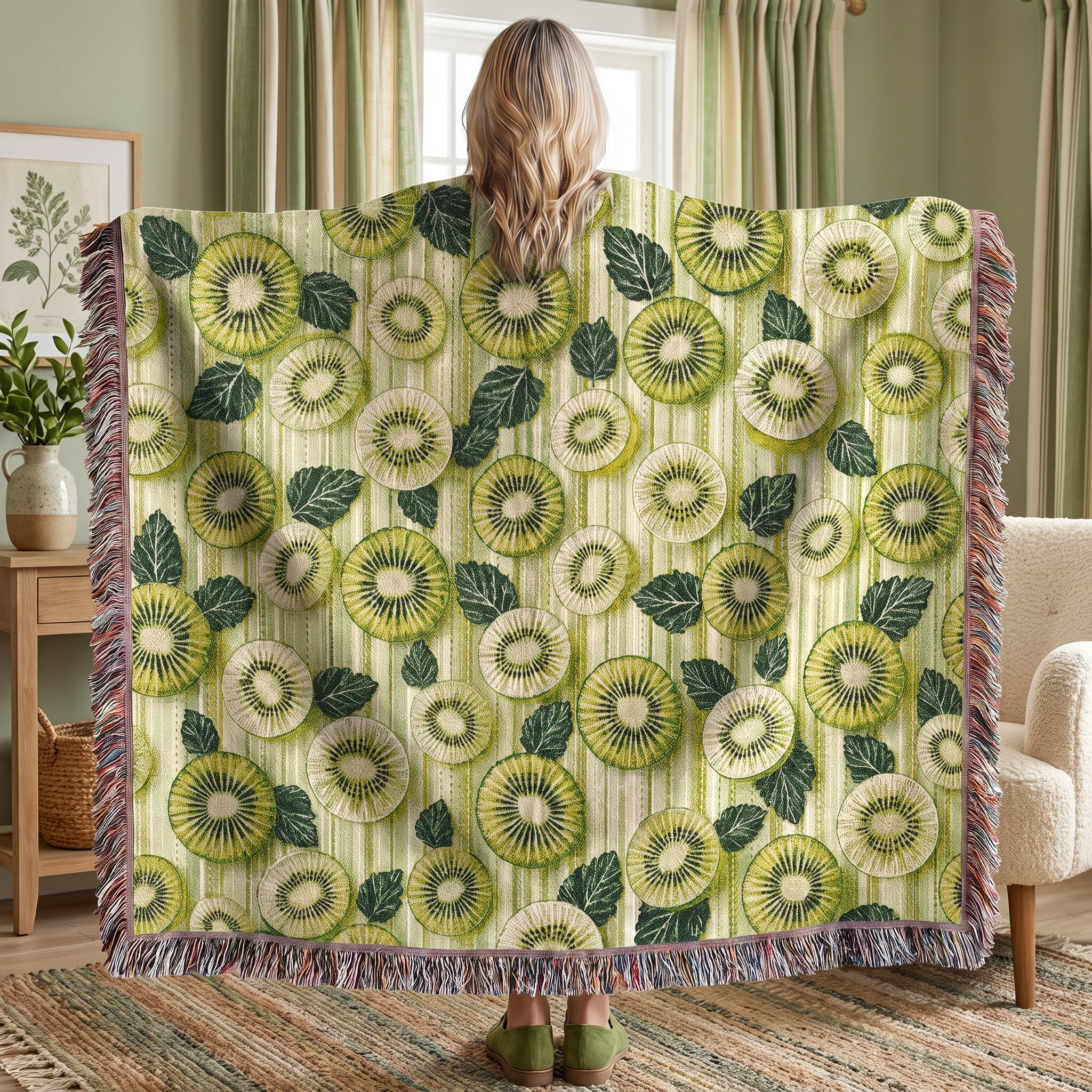Kiwi Fruit Woven Blanket – Green Botanical Cotton Throw