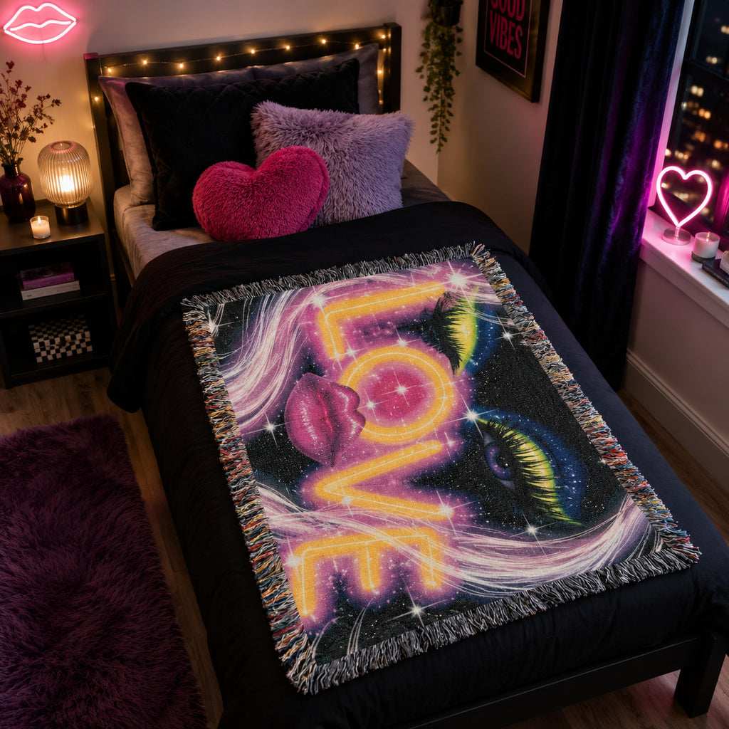 Neon Cosmic Love Woven Blanket – Glam Galaxy Face Throw