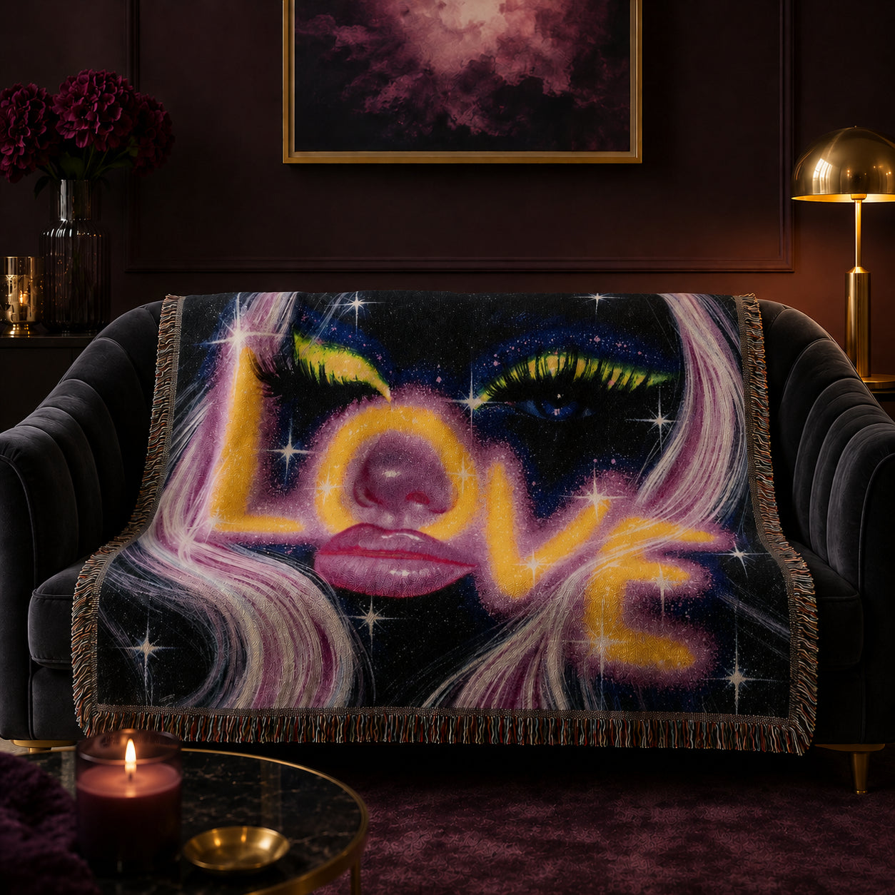 Neon Cosmic Love Woven Blanket – Glam Galaxy Face Throw