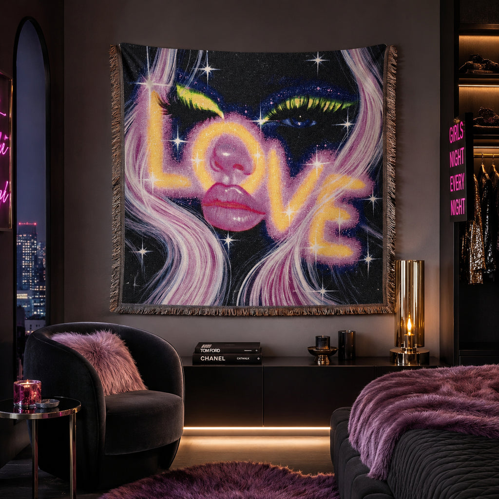 Neon Cosmic Love Woven Blanket – Glam Galaxy Face Throw