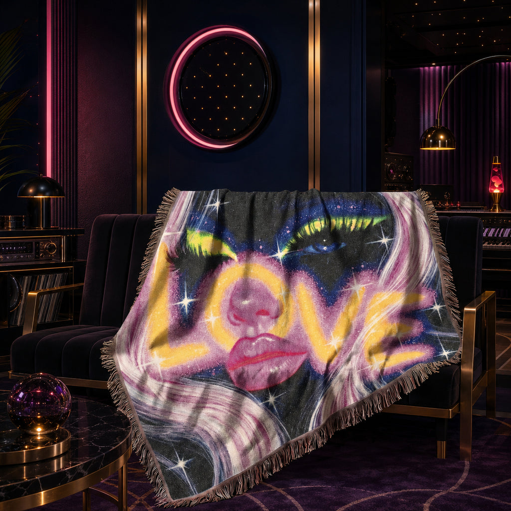 Neon Cosmic Love Woven Blanket – Glam Galaxy Face Throw