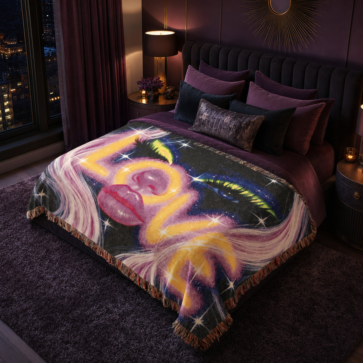 Neon Cosmic Love Woven Blanket – Glam Galaxy Face Throw