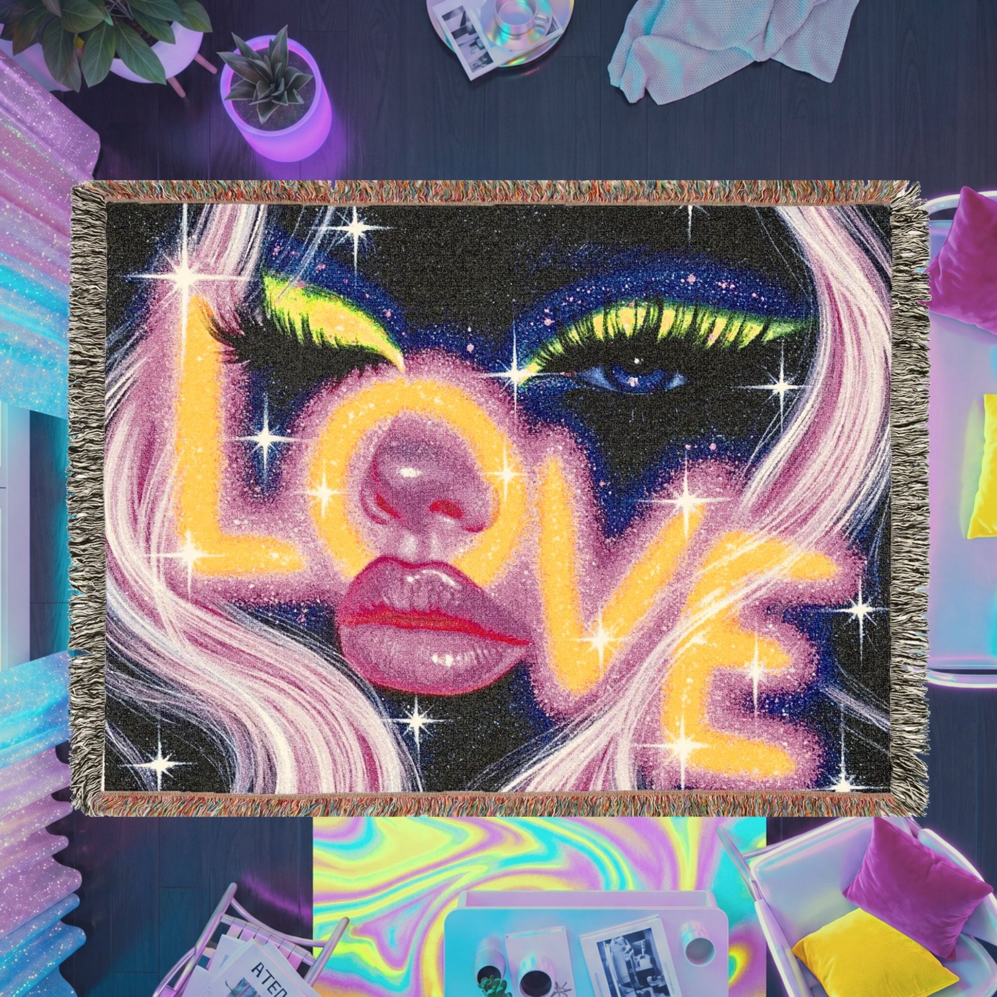 Neon Cosmic Love Woven Blanket – Glam Galaxy Face Throw