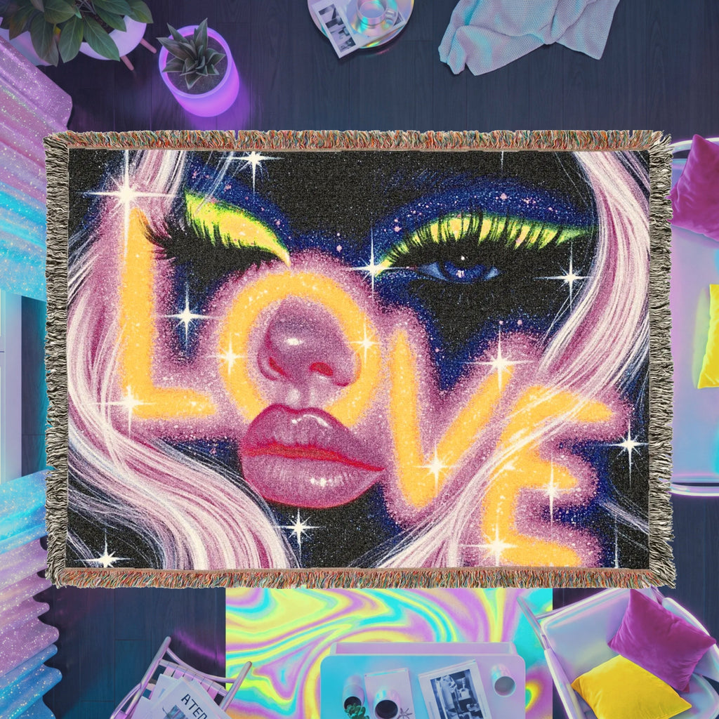 Neon Cosmic Love Woven Blanket – Glam Galaxy Face Throw
