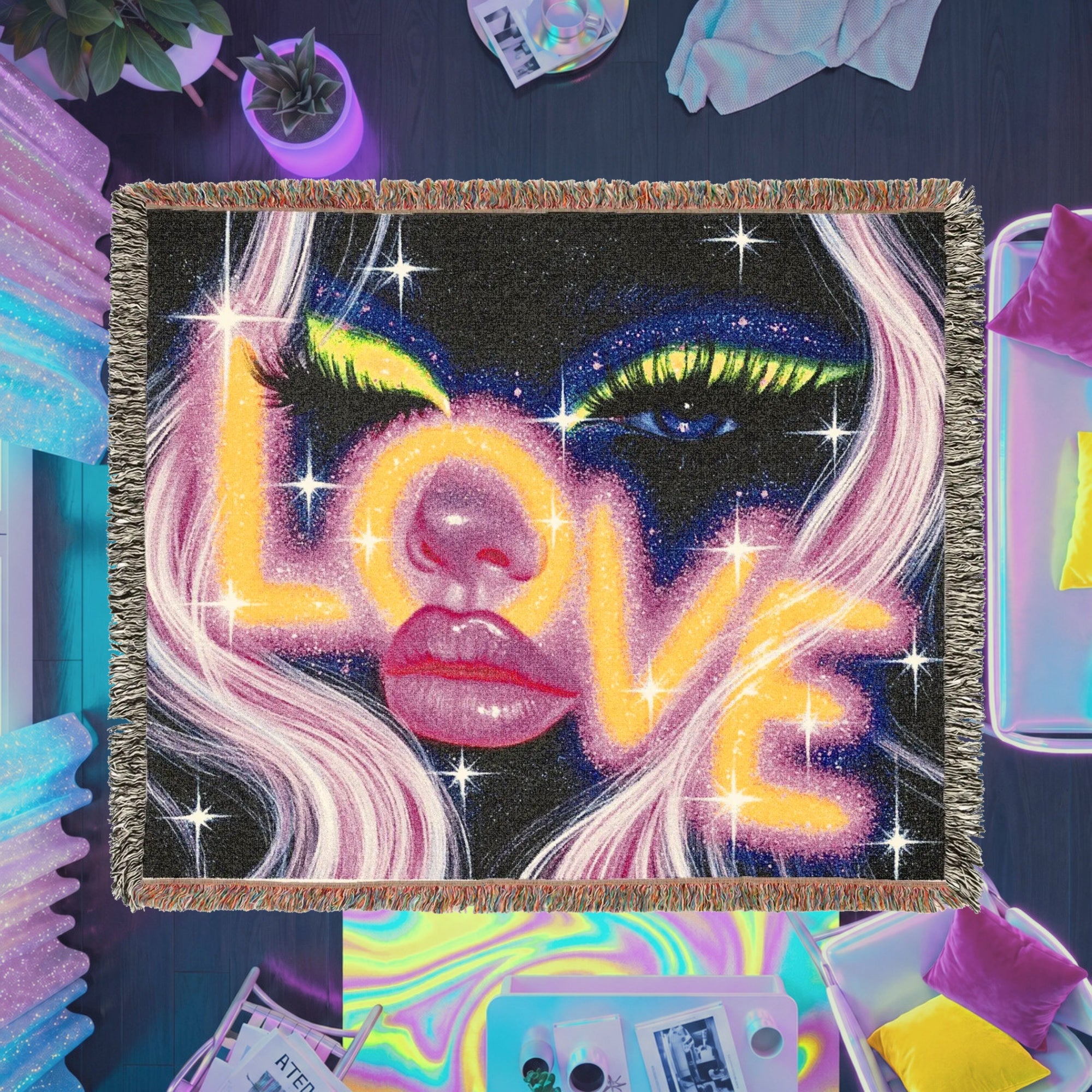 Neon Cosmic Love Woven Blanket – Glam Galaxy Face Throw