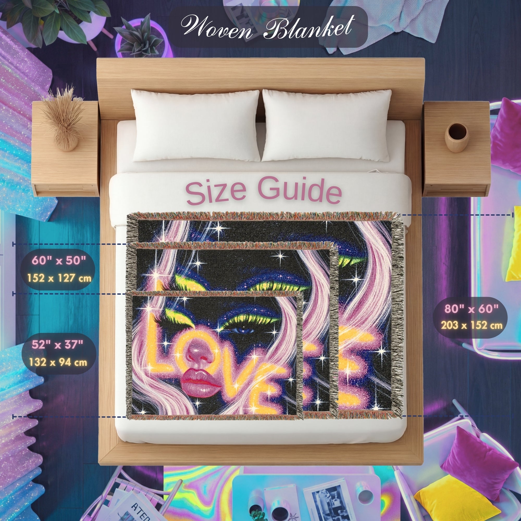 Neon Cosmic Love Woven Blanket – Glam Galaxy Face Throw