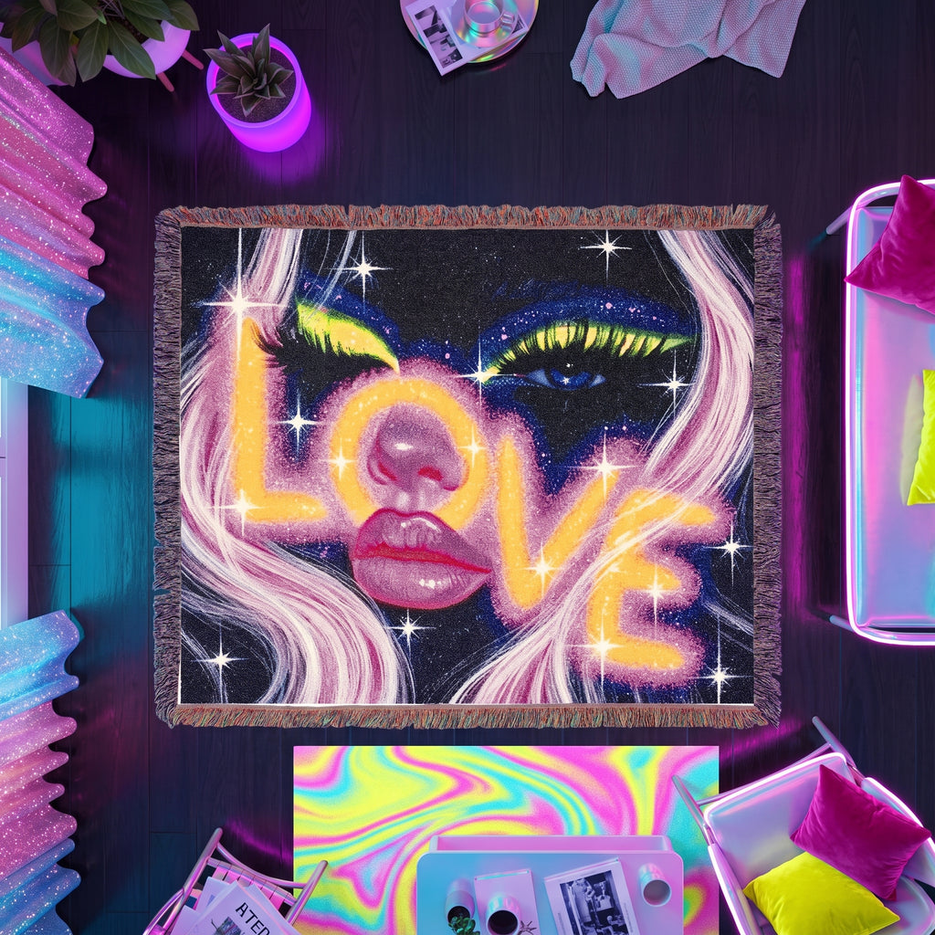 Neon Cosmic Love Woven Blanket – Glam Galaxy Face Throw