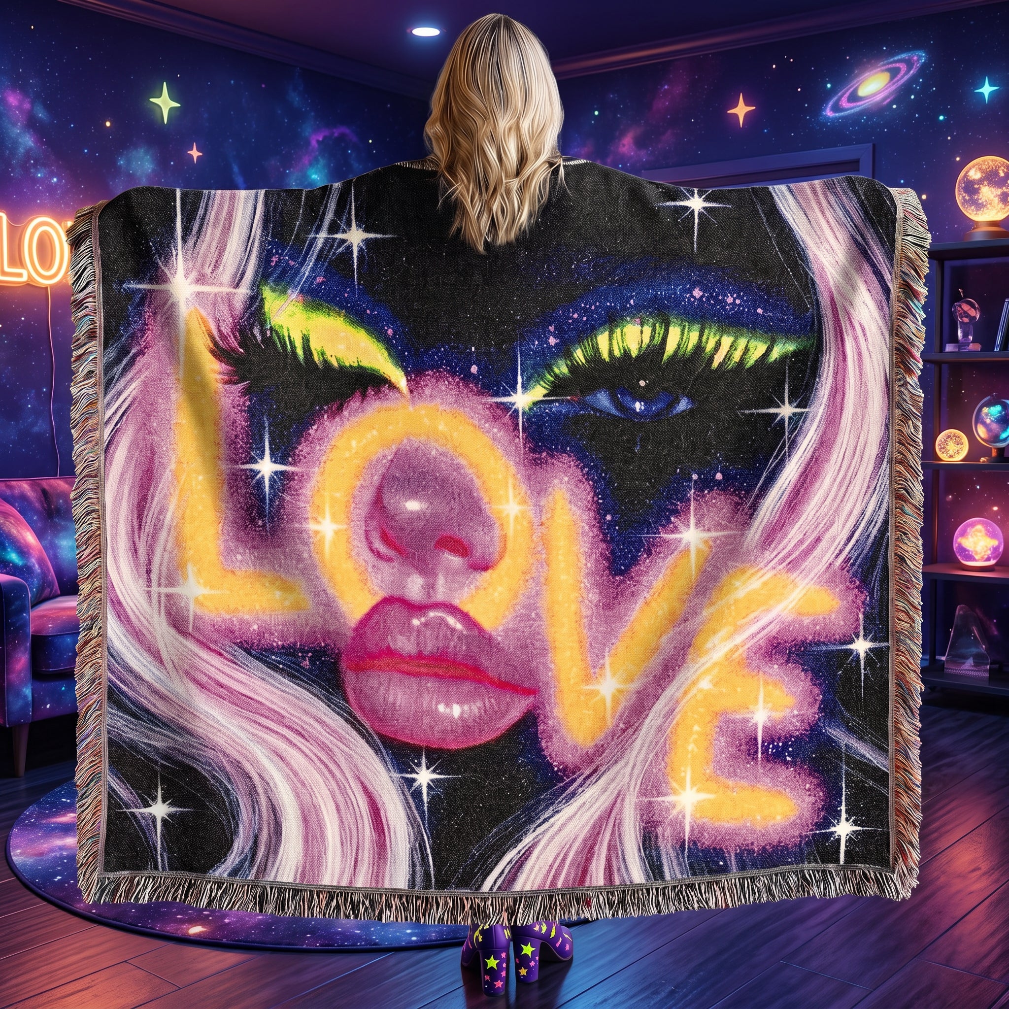 Neon Cosmic Love Woven Blanket – Glam Galaxy Face Throw