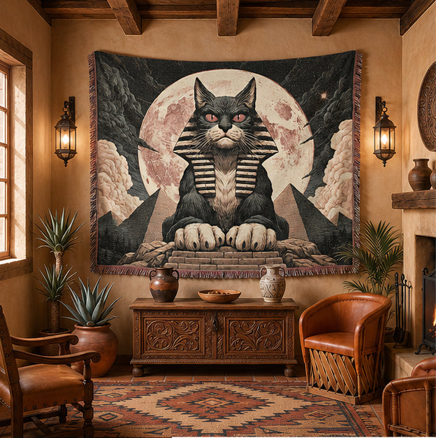 Egyptian Sphinx Cat Woven Blanket – Moonlit Pyramid Throw