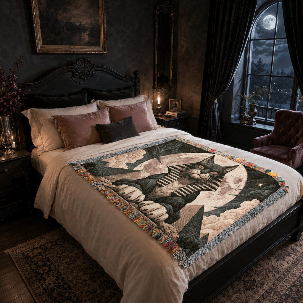 Egyptian Sphinx Cat Woven Blanket – Moonlit Pyramid Throw