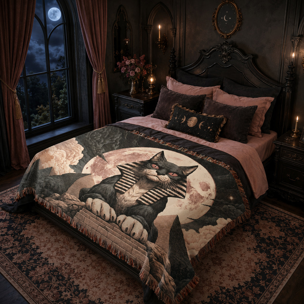 Egyptian Sphinx Cat Woven Blanket – Moonlit Pyramid Throw