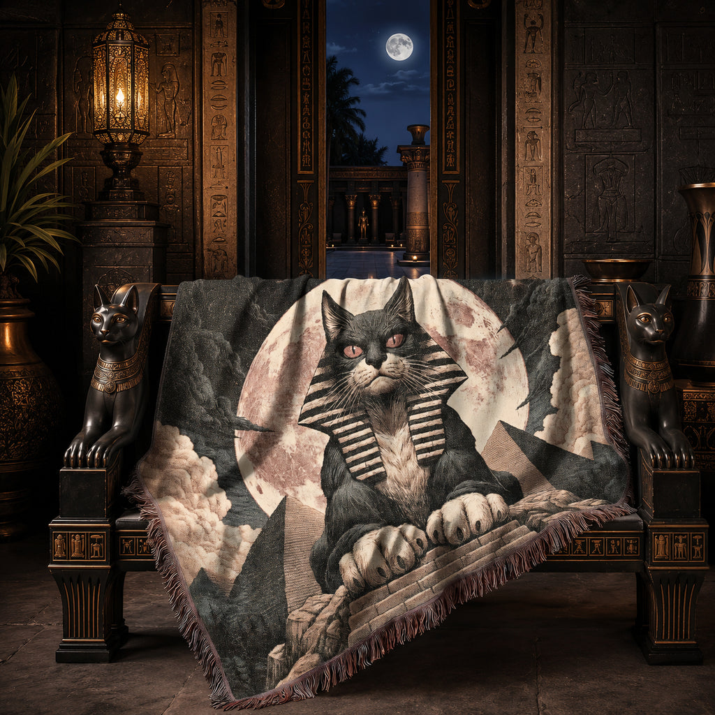 Egyptian Sphinx Cat Woven Blanket – Moonlit Pyramid Throw