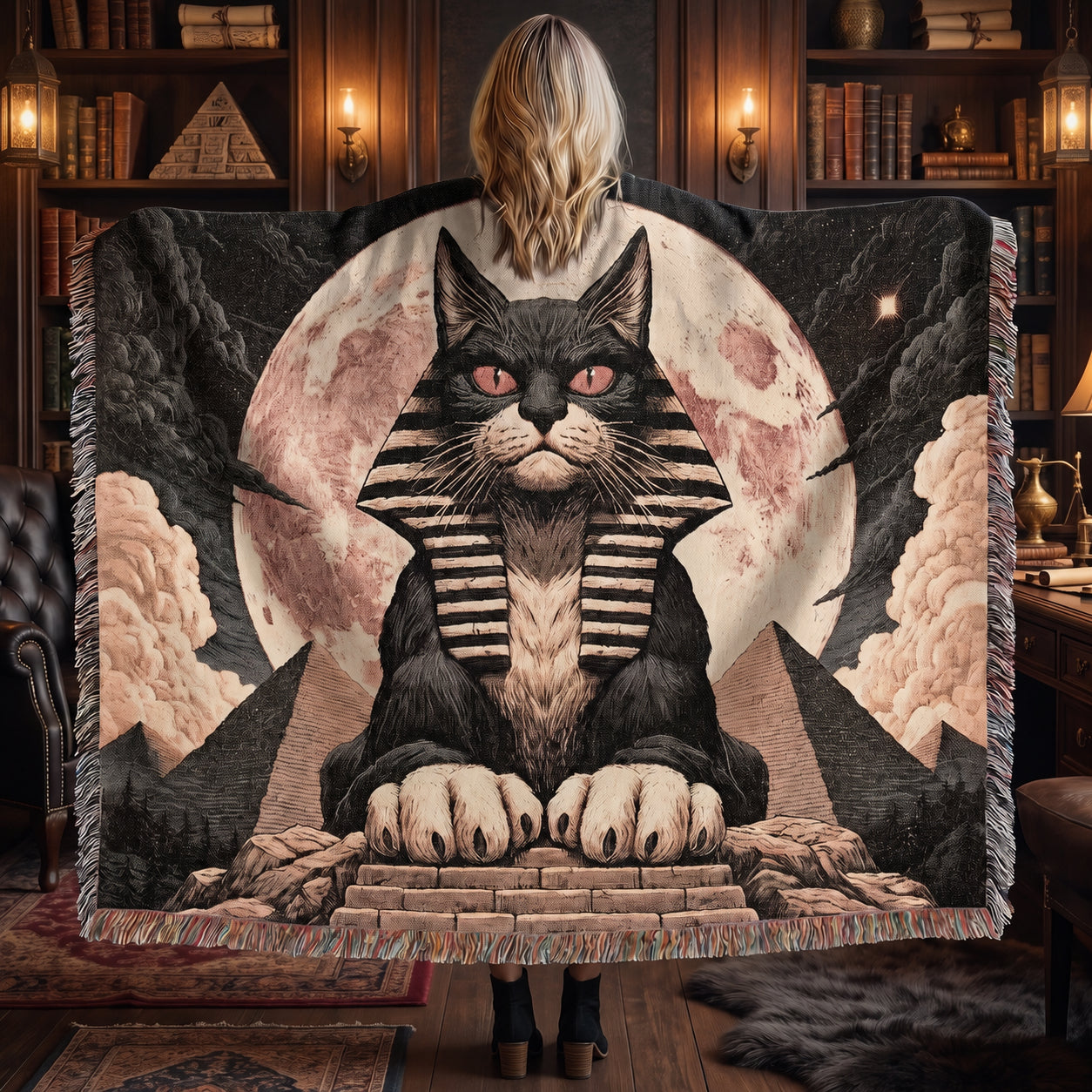 Egyptian Sphinx Cat Woven Blanket – Moonlit Pyramid Throw