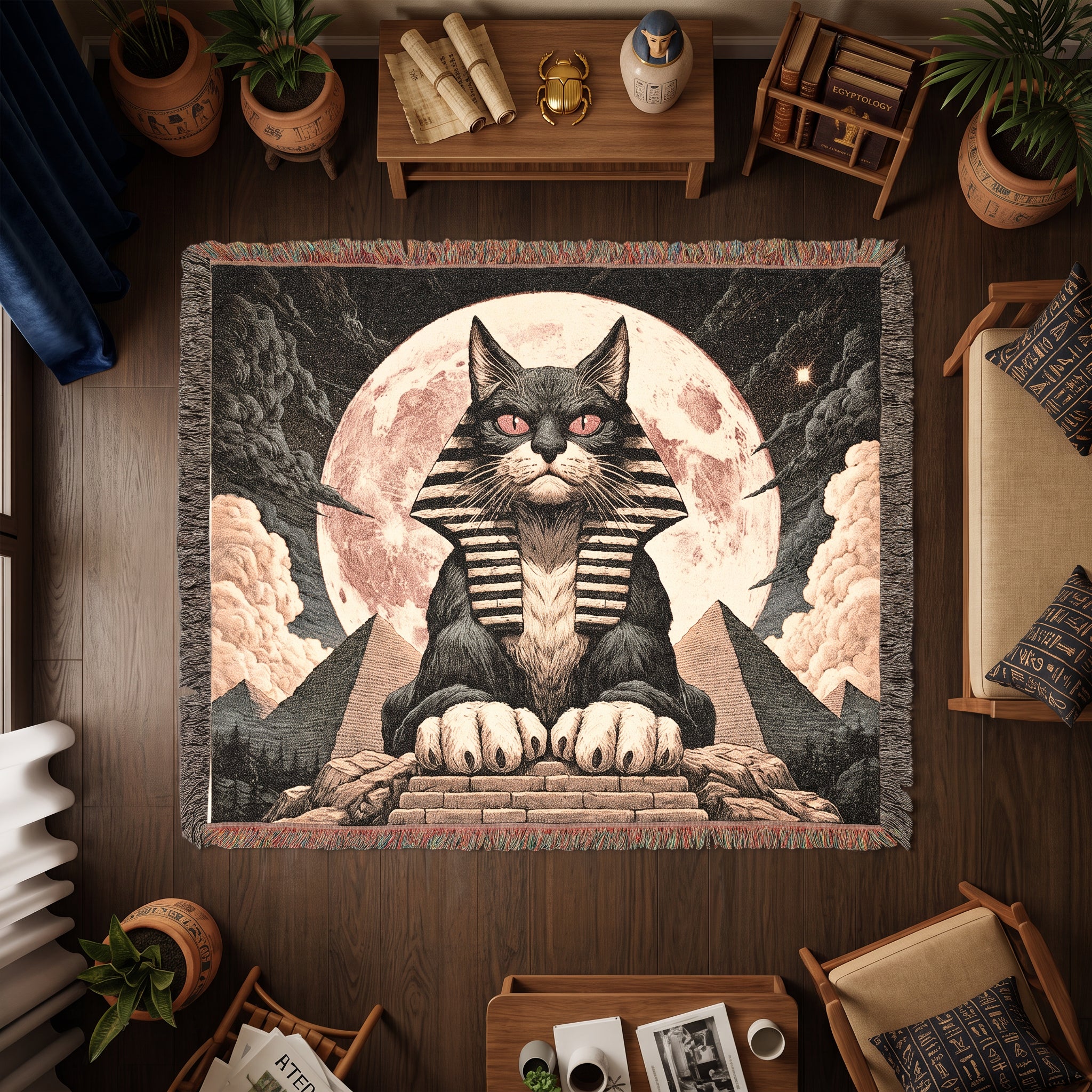 Egyptian Sphinx Cat Woven Blanket – Moonlit Pyramid Throw