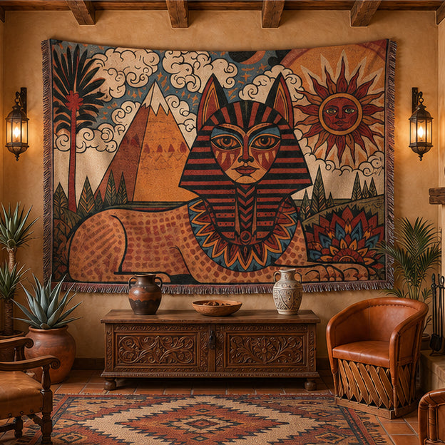 Egyptian Sphinx Woven Blanket – Sun and Pyramids Throw