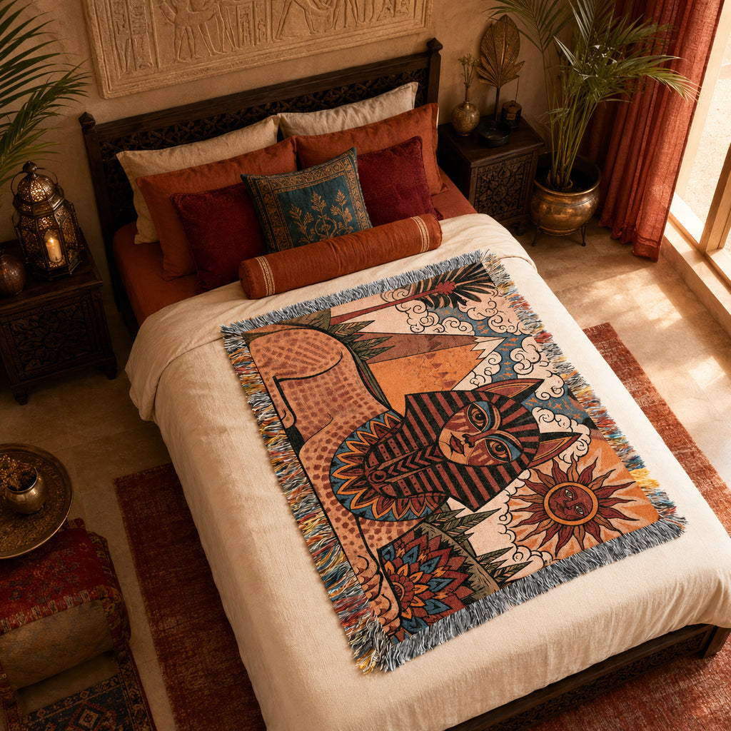 Egyptian Sphinx Woven Blanket – Sun and Pyramids Throw