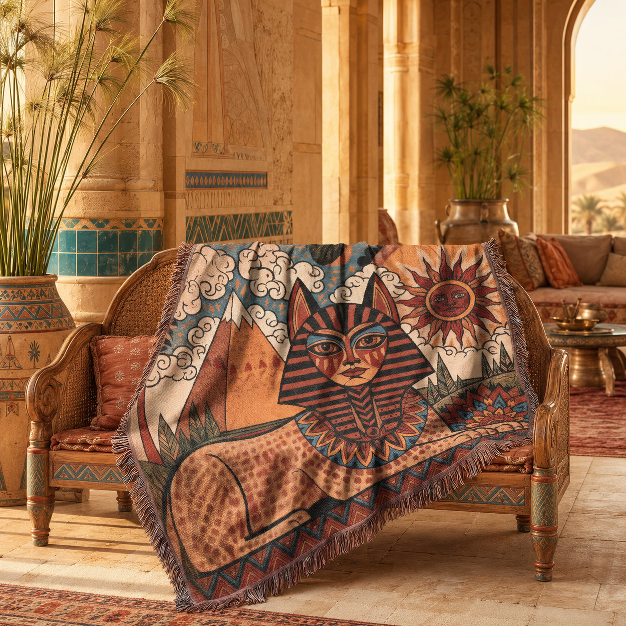 Egyptian Sphinx Woven Blanket – Sun and Pyramids Throw