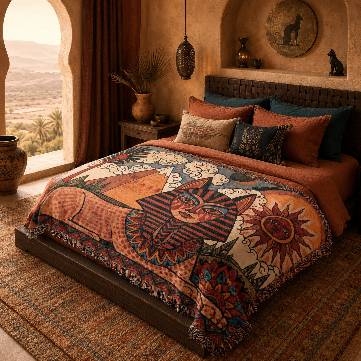 Egyptian Sphinx Woven Blanket – Sun and Pyramids Throw