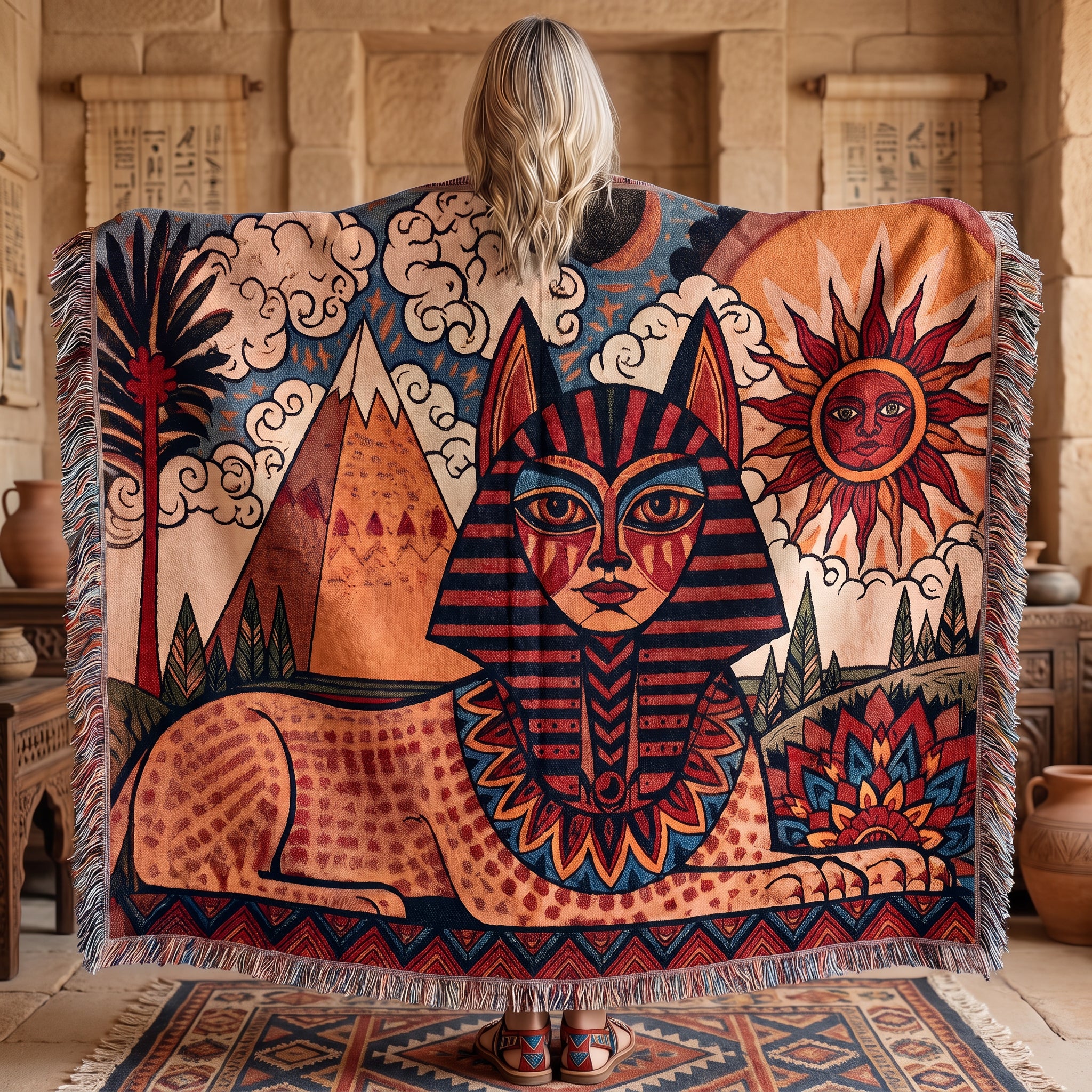 Egyptian Sphinx Woven Blanket – Sun and Pyramids Throw