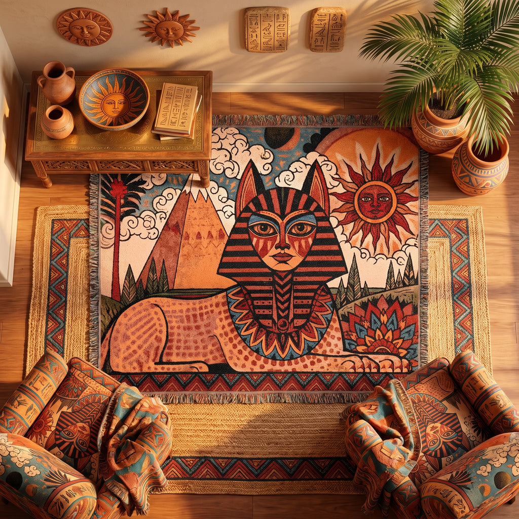 Egyptian Sphinx Woven Blanket – Sun and Pyramids Throw