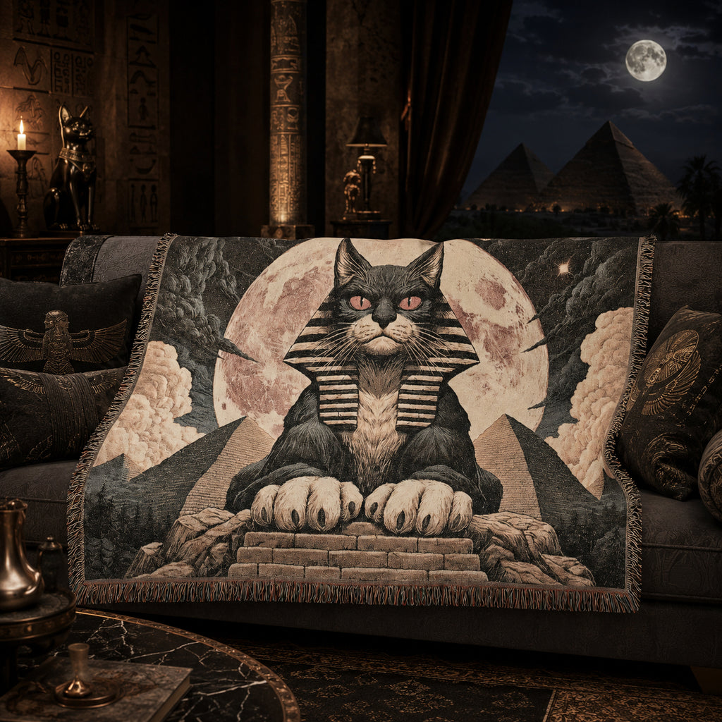 Egyptian Sphinx Cat Woven Blanket – Moonlit Pyramid Throw