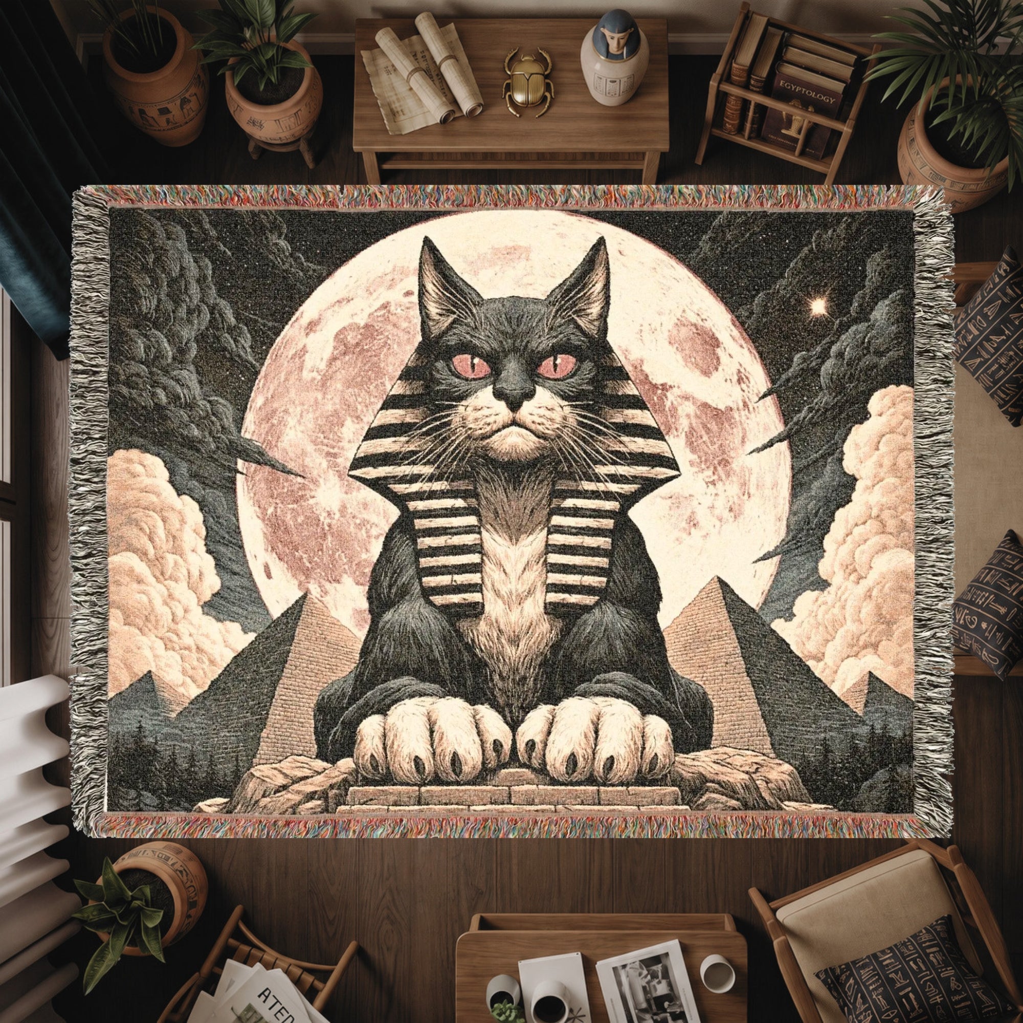 Egyptian Sphinx Cat Woven Blanket – Moonlit Pyramid Throw