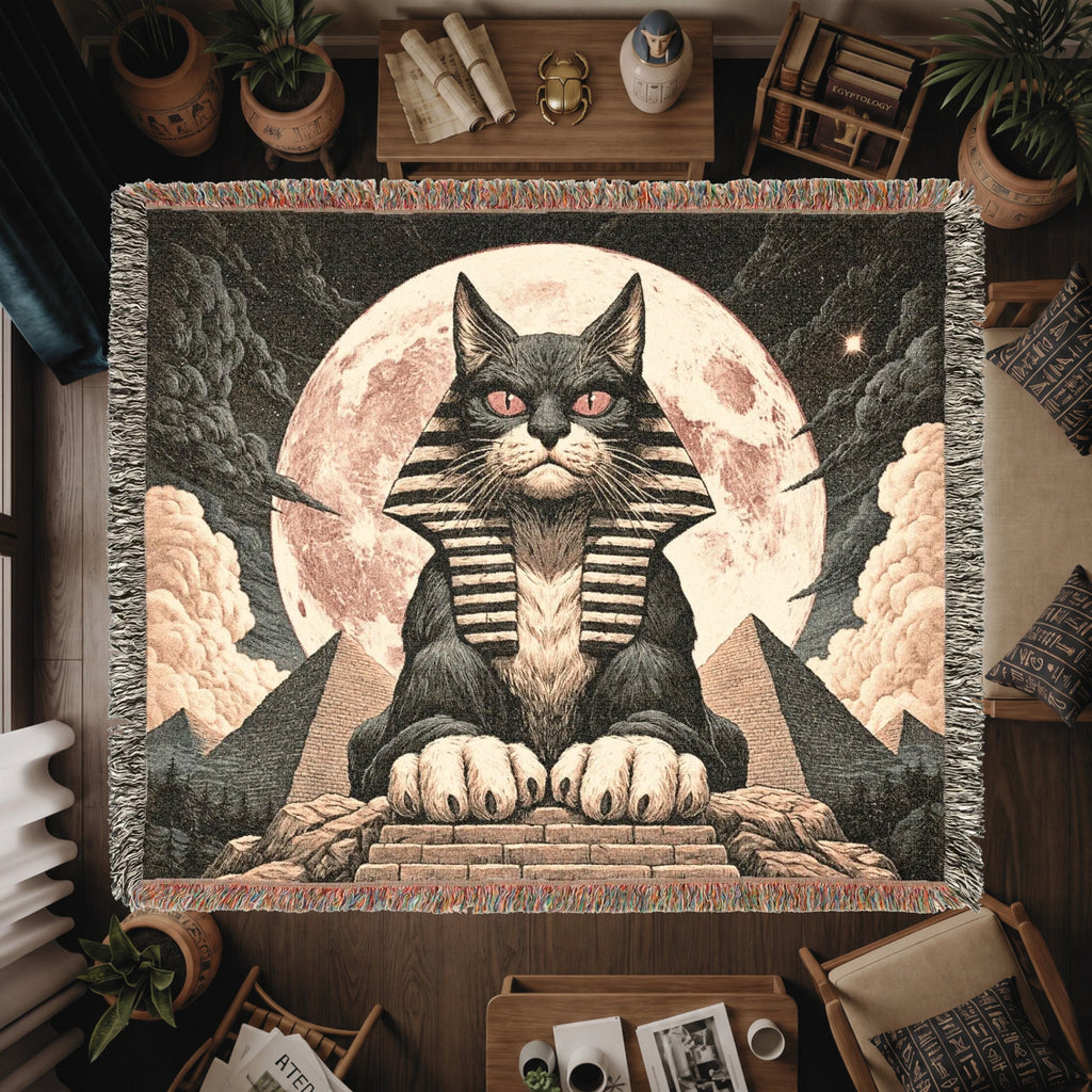 Egyptian Sphinx Cat Woven Blanket – Moonlit Pyramid Throw