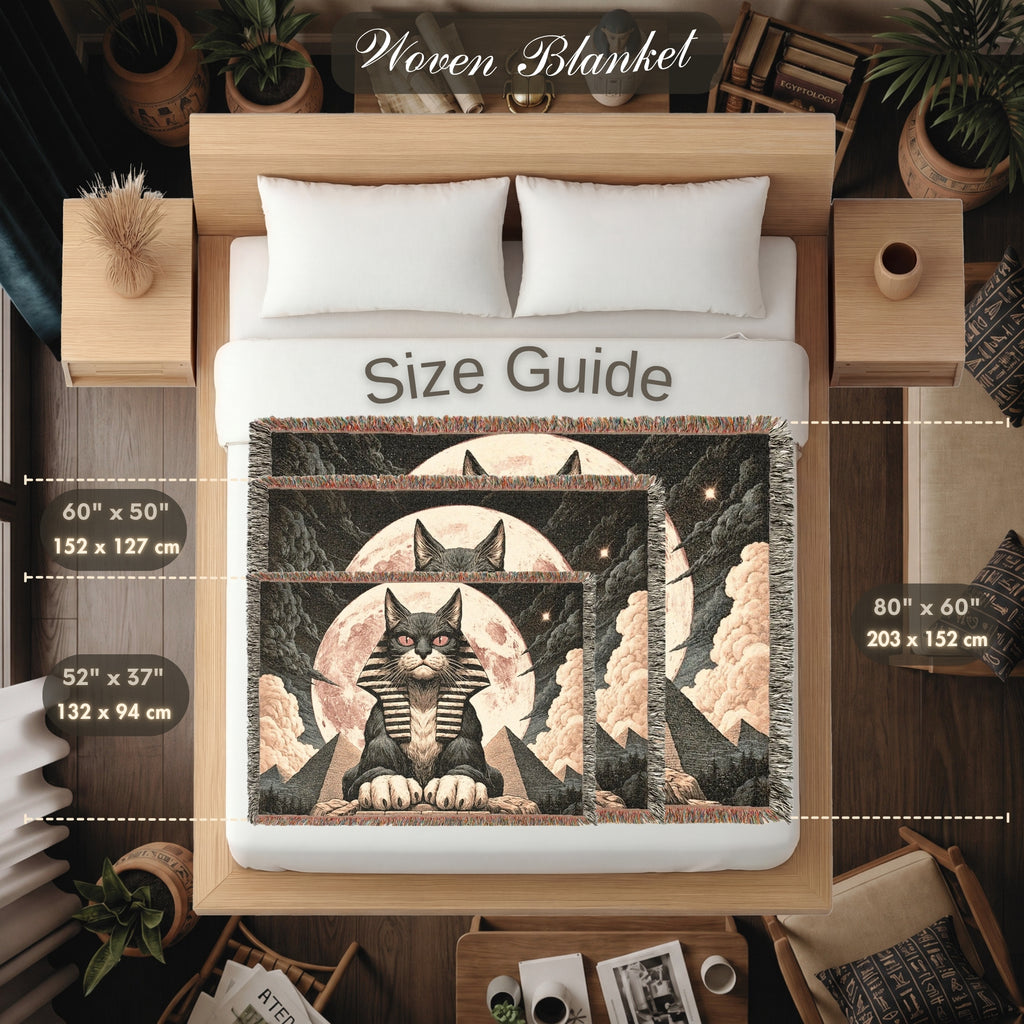 Egyptian Sphinx Cat Woven Blanket – Moonlit Pyramid Throw