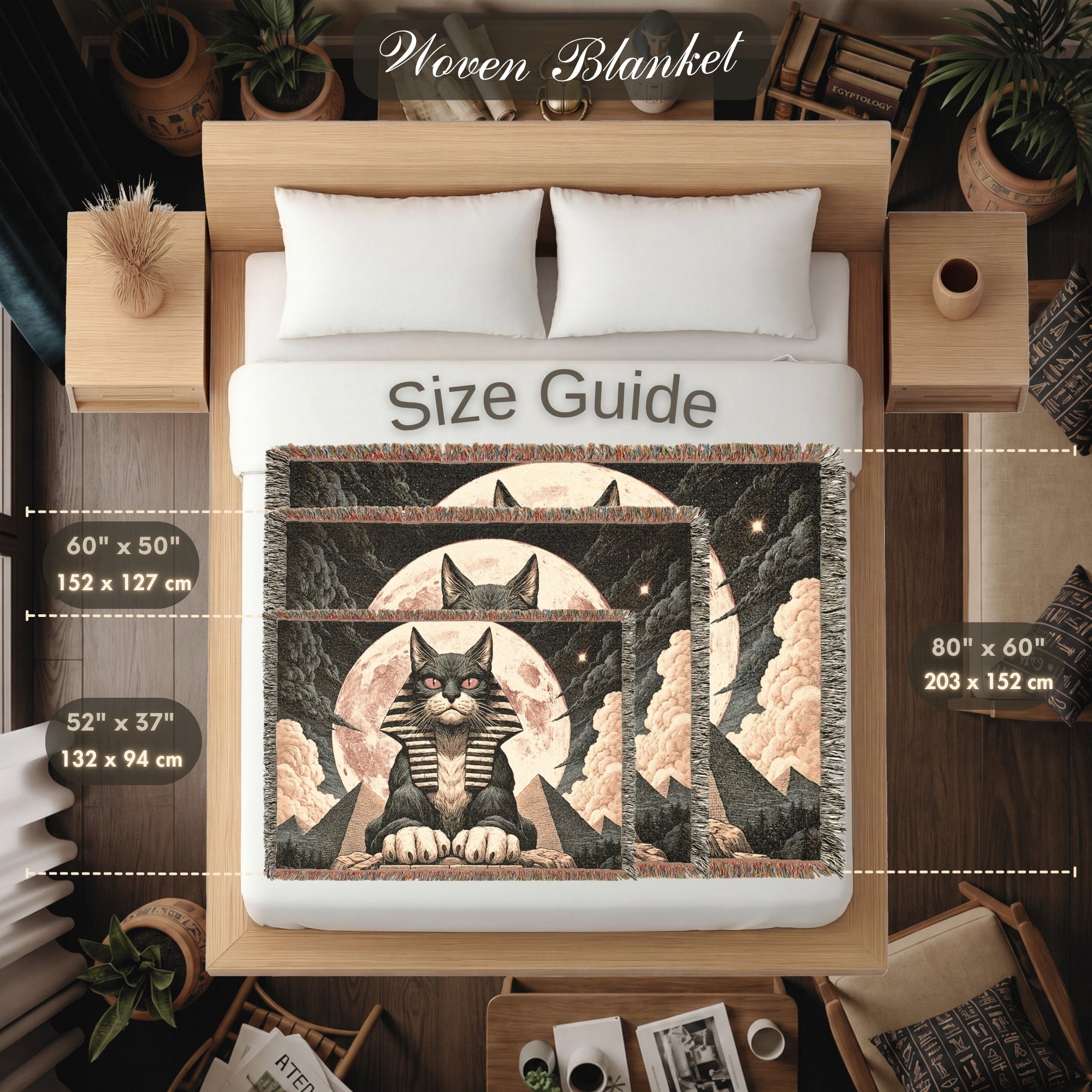 Egyptian Sphinx Cat Woven Blanket – Moonlit Pyramid Throw