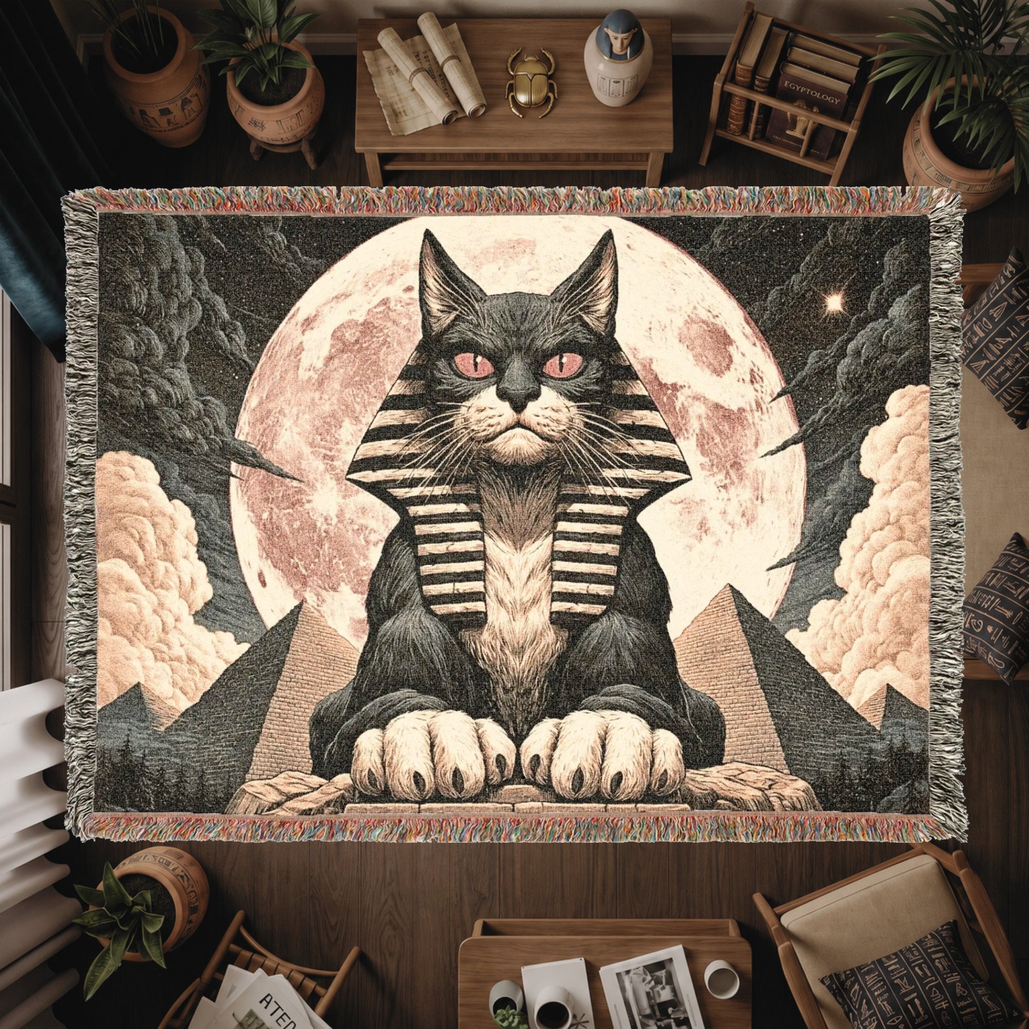 Egyptian Sphinx Cat Woven Blanket – Moonlit Pyramid Throw