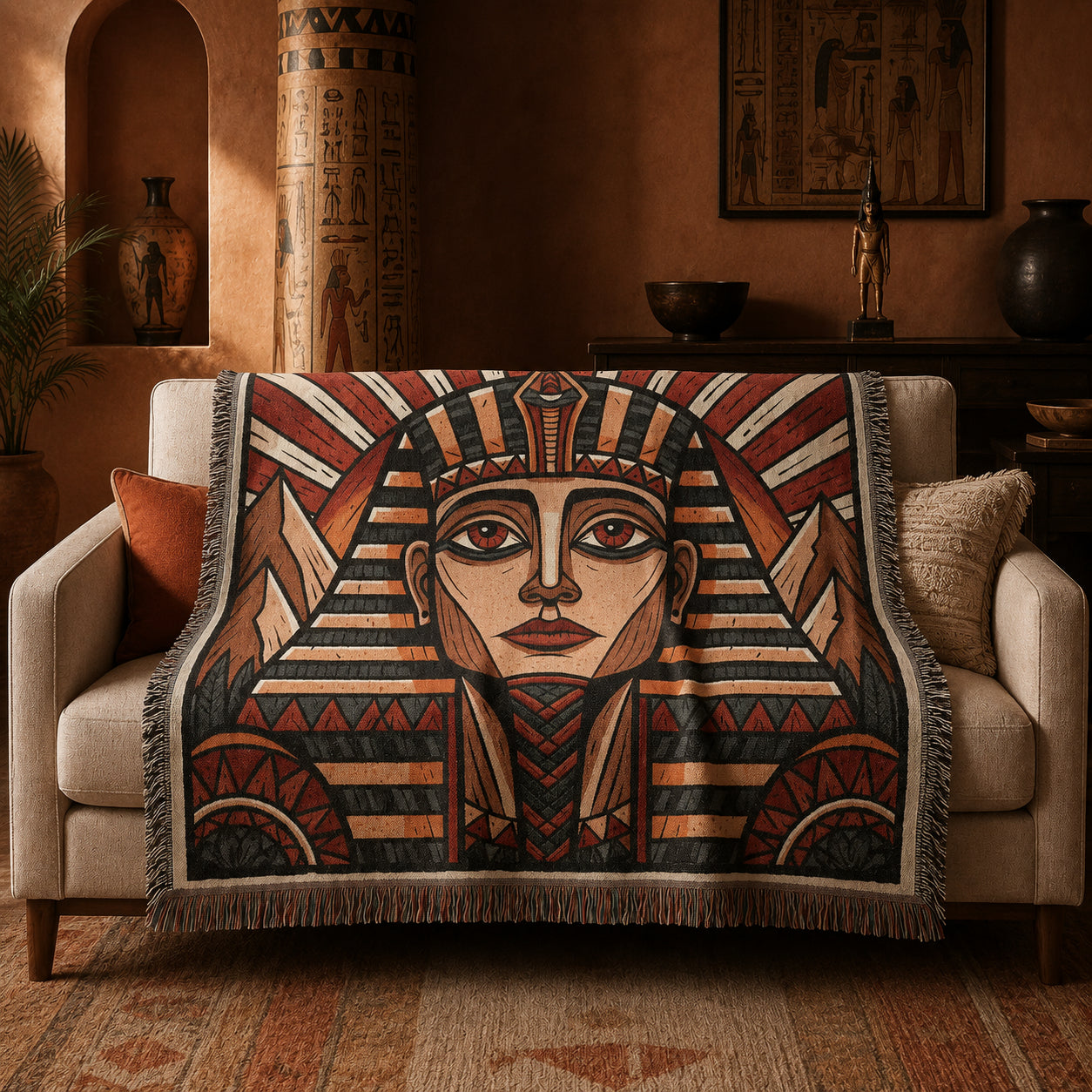 Egyptian Pharaoh Woven Blanket – Ancient Royal Portrait Throw