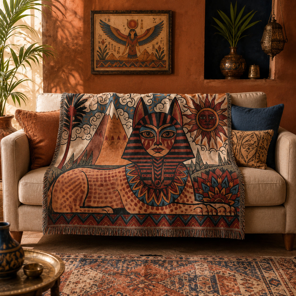 Egyptian Sphinx Woven Blanket – Sun and Pyramids Throw