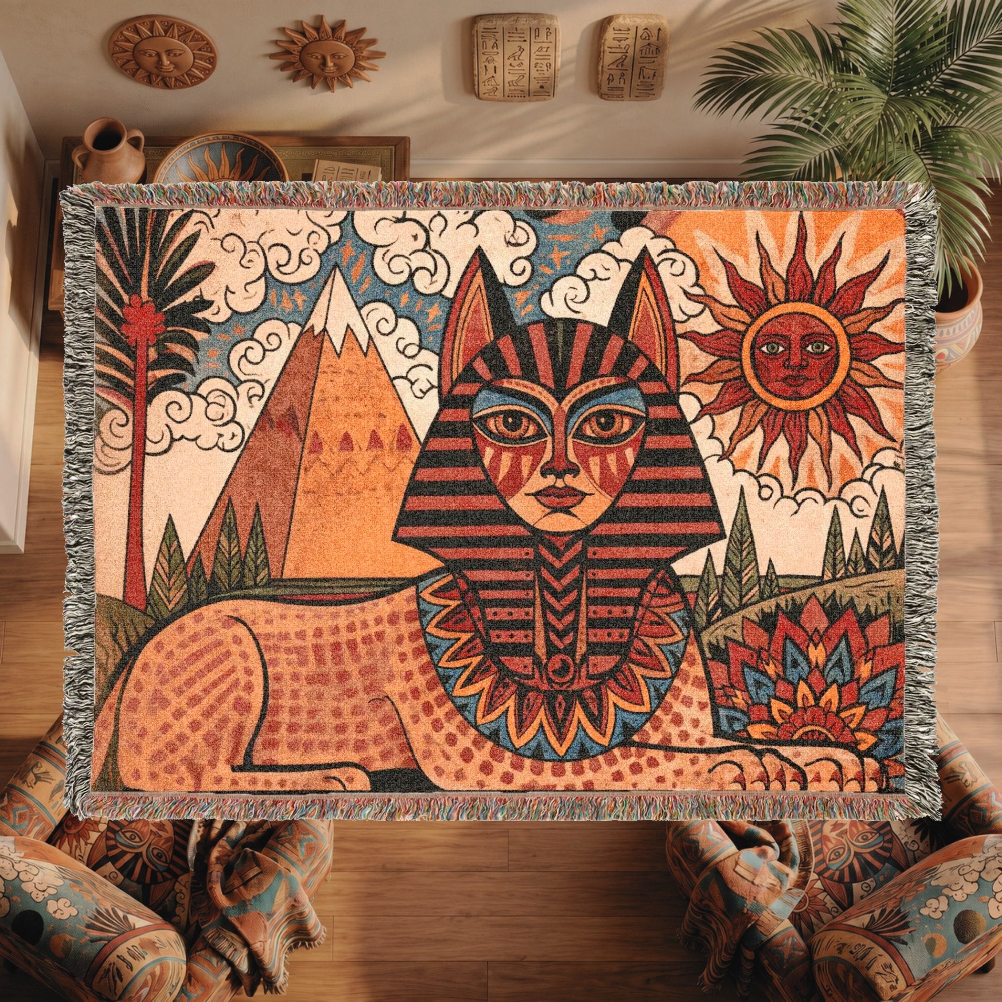 Egyptian Sphinx Woven Blanket – Sun and Pyramids Throw