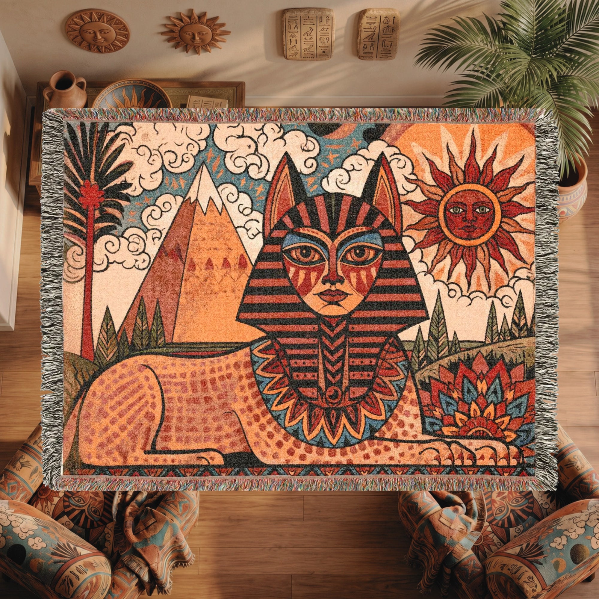 Egyptian Sphinx Woven Blanket – Sun and Pyramids Throw