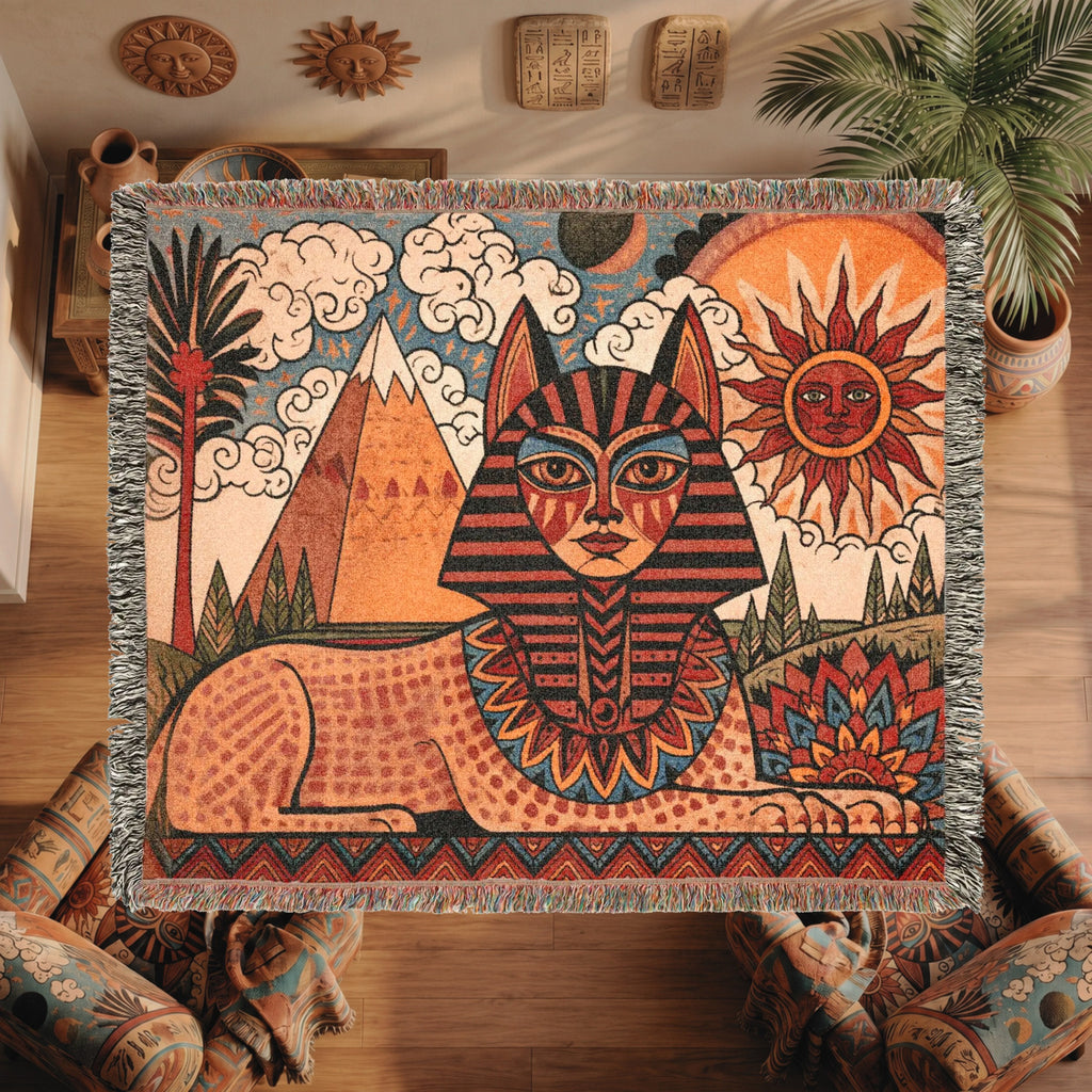 Egyptian Sphinx Woven Blanket – Sun and Pyramids Throw