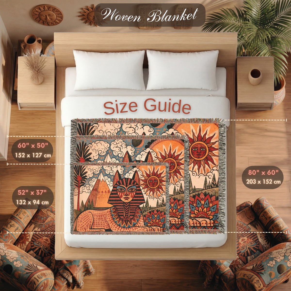 Egyptian Sphinx Woven Blanket – Sun and Pyramids Throw