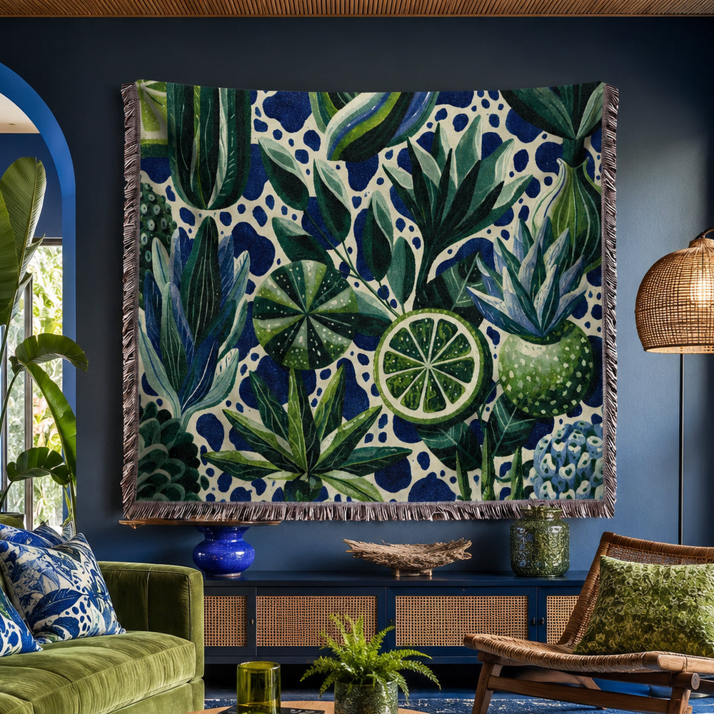 Lime Woven Blanket – Blue Green Botanical Citrus Throw