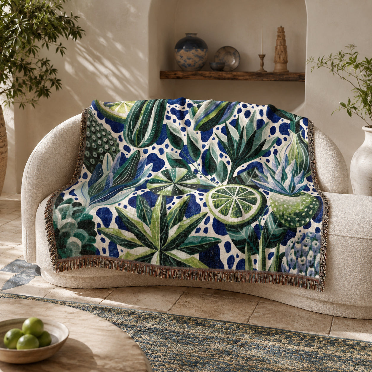 Lime Woven Blanket – Blue Green Botanical Citrus Throw