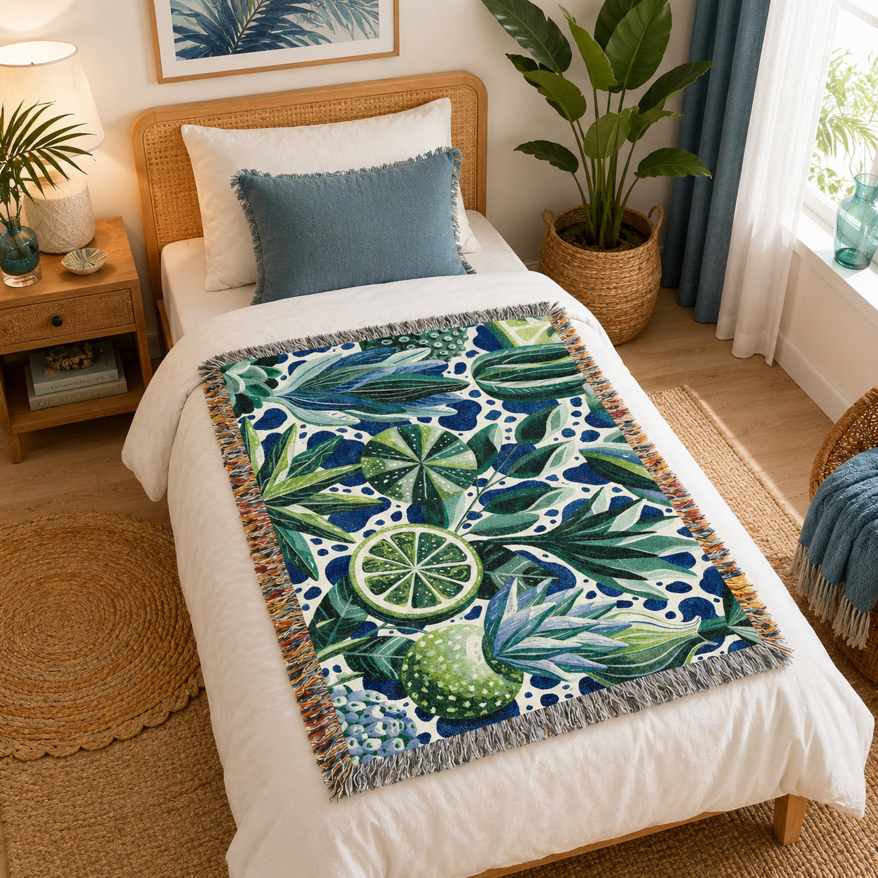 Lime Woven Blanket – Blue Green Botanical Citrus Throw