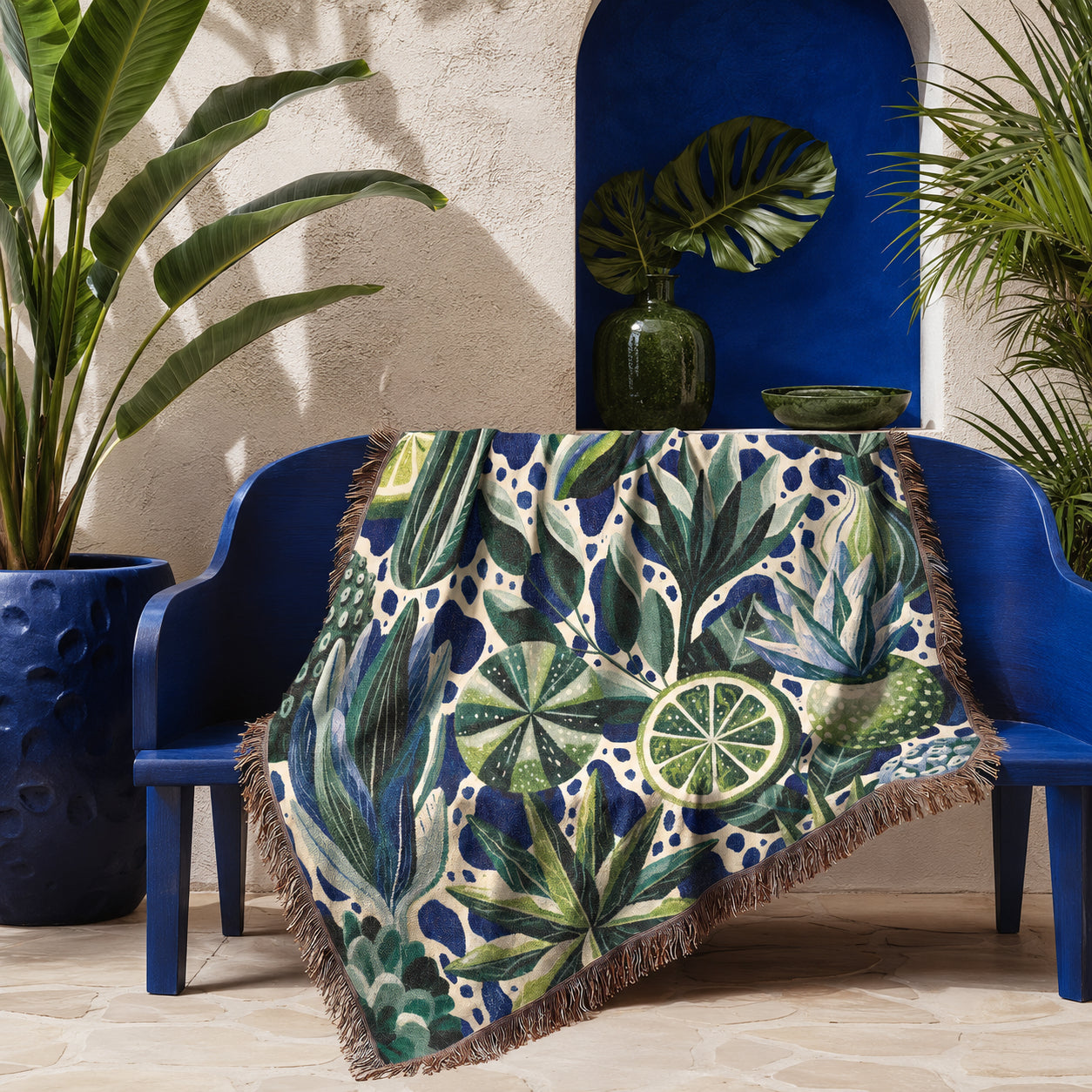 Lime Woven Blanket – Blue Green Botanical Citrus Throw