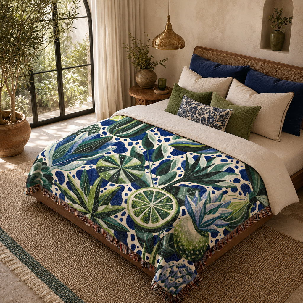 Lime Woven Blanket – Blue Green Botanical Citrus Throw