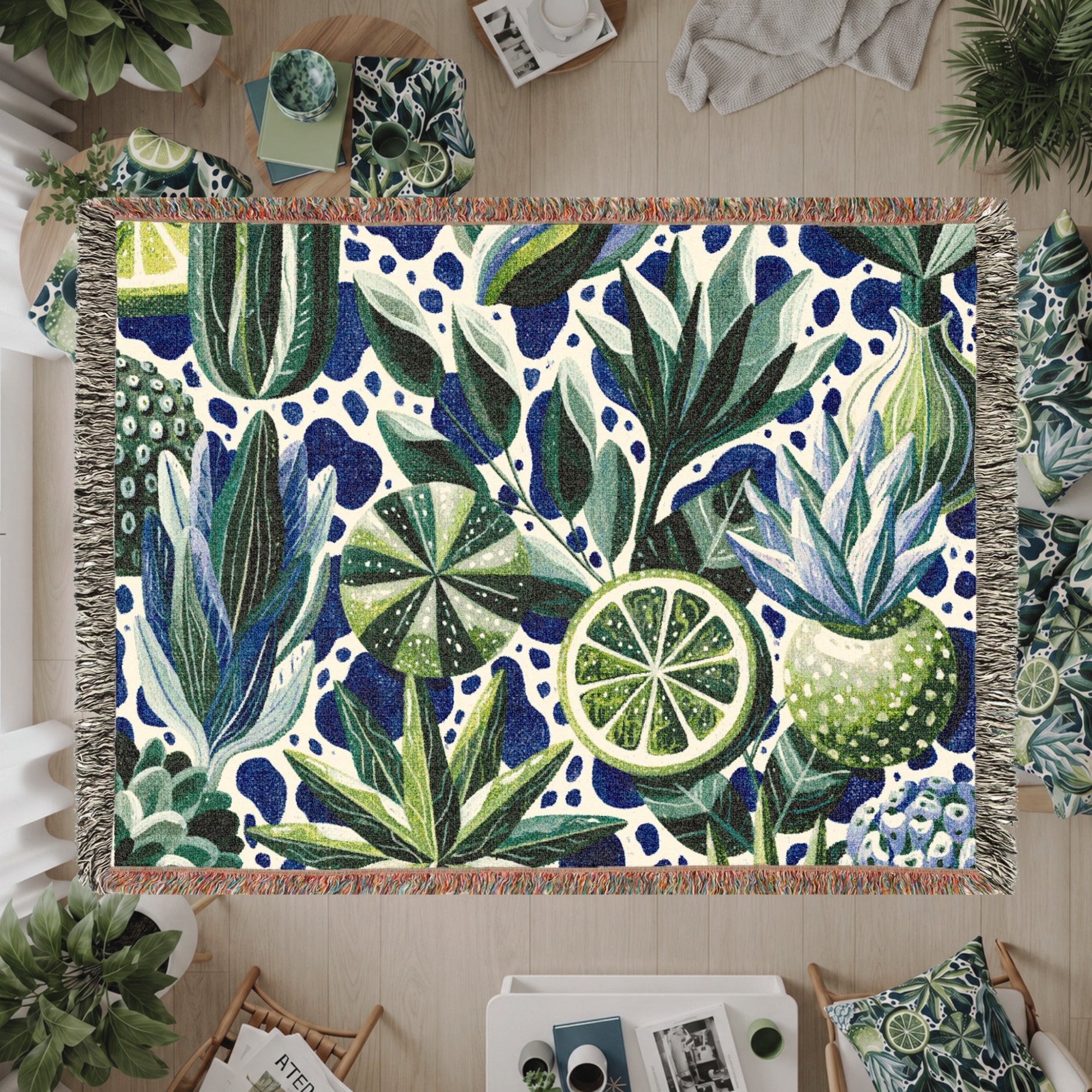 Lime Woven Blanket – Blue Green Botanical Citrus Throw