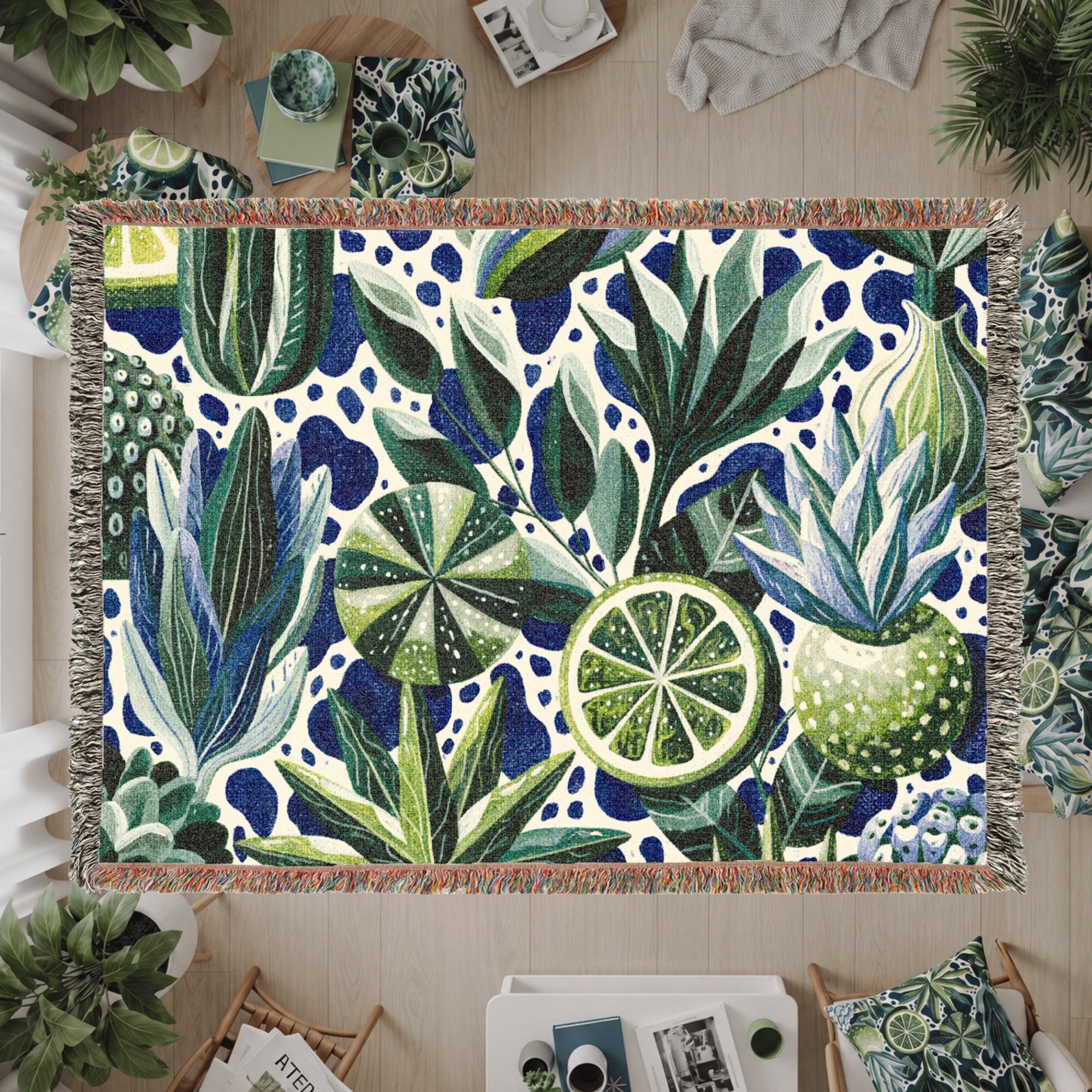 Lime Woven Blanket – Blue Green Botanical Citrus Throw