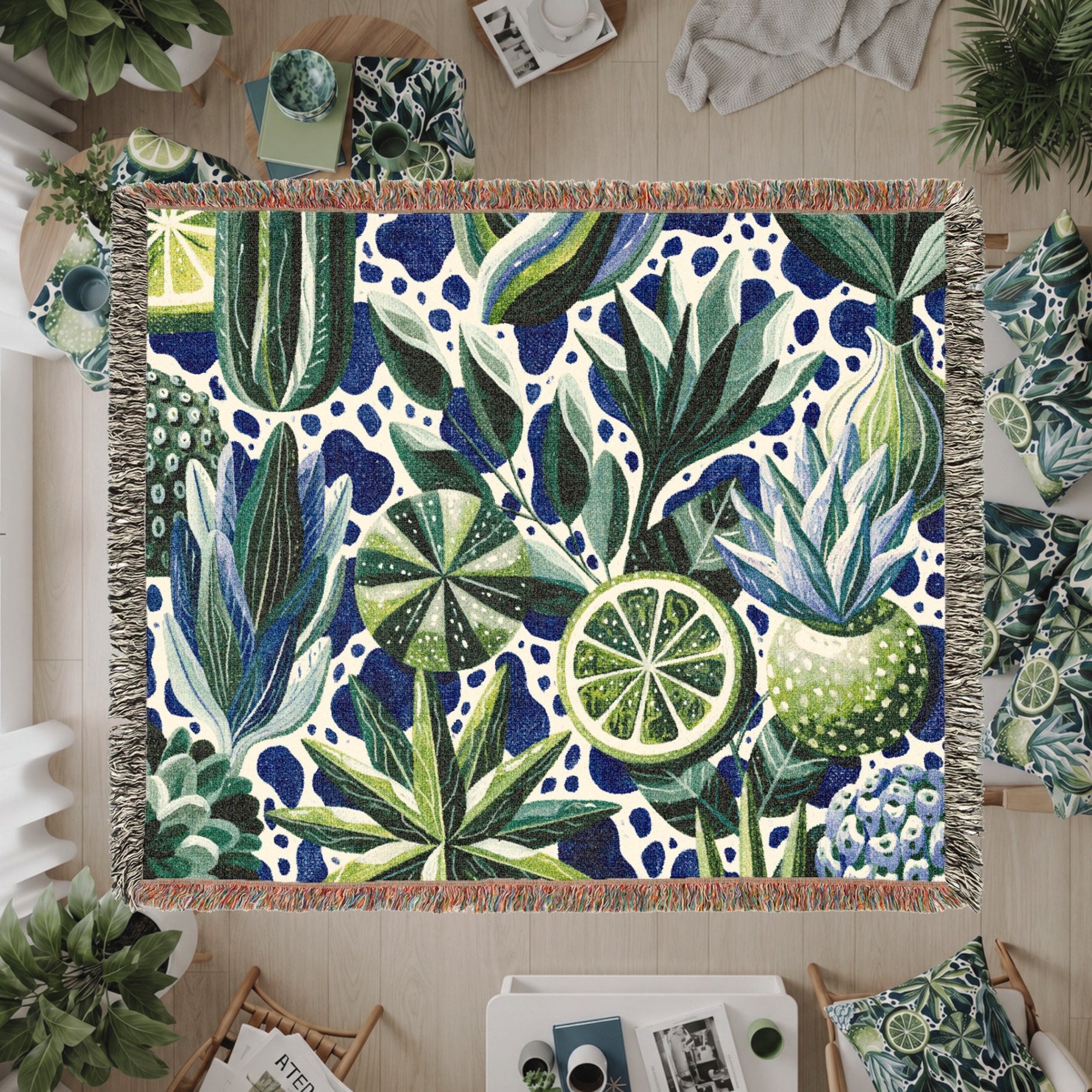 Lime Woven Blanket – Blue Green Botanical Citrus Throw