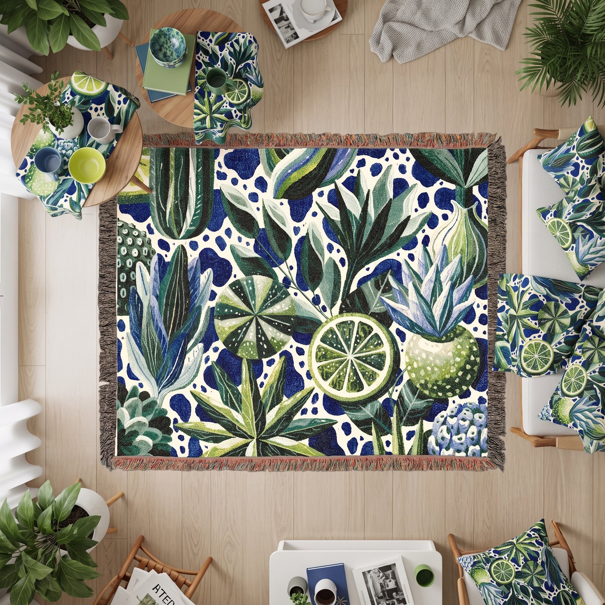 Lime Woven Blanket – Blue Green Botanical Citrus Throw