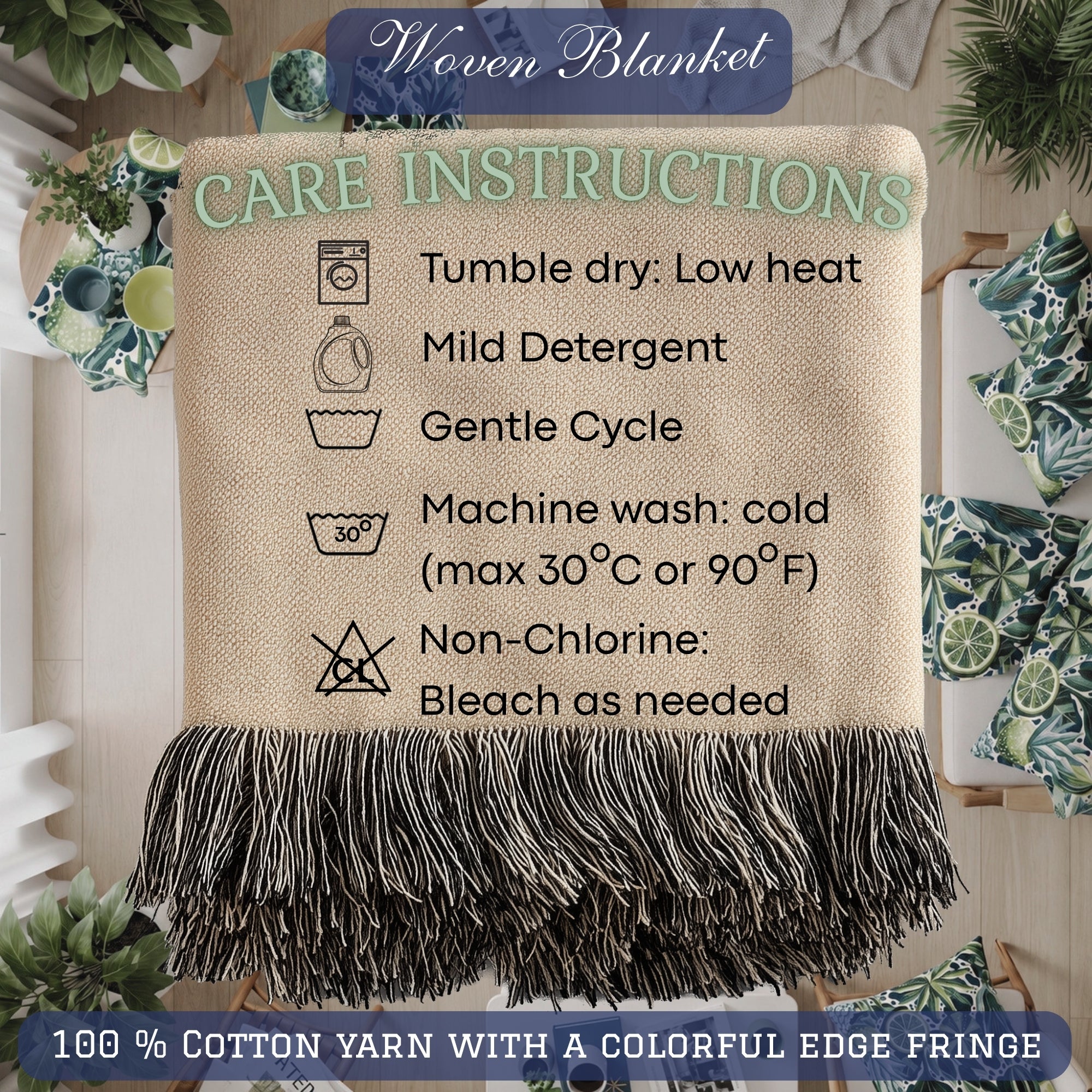 Lime Woven Blanket – Blue Green Botanical Citrus Throw