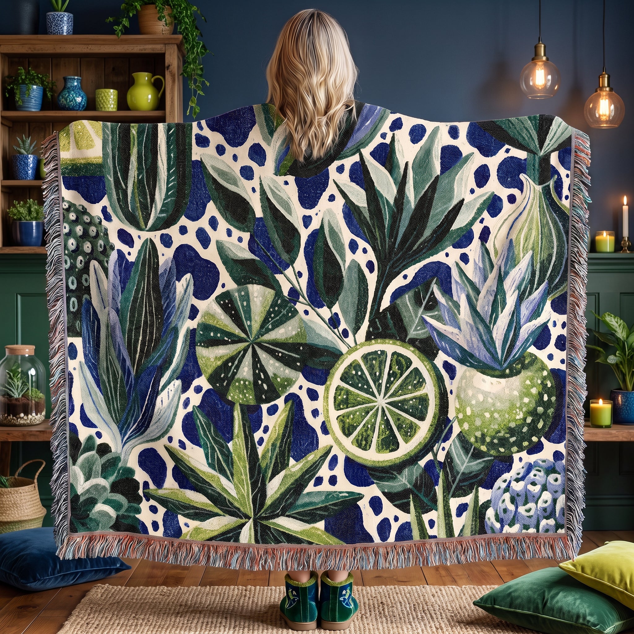 Lime Woven Blanket – Blue Green Botanical Citrus Throw
